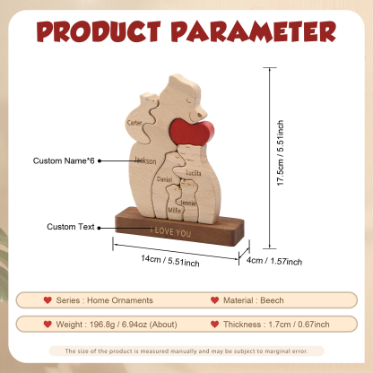 Personalized Bear Family Ornament Custom 6 Names & 1 Text Puzzles Home Decor Gifts for Family