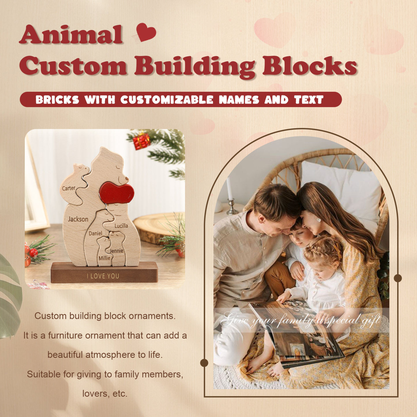 Personalized Bear Family Ornament Custom 6 Names & 1 Text Puzzles Home Decor Gifts for Family