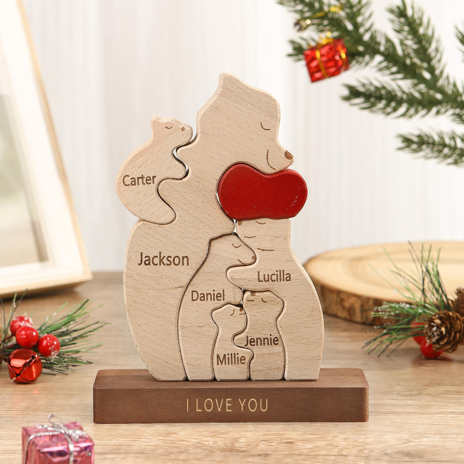 Personalized Bear Family Ornament Custom 6 Names & 1 Text Puzzles Home Decor Gifts for Family