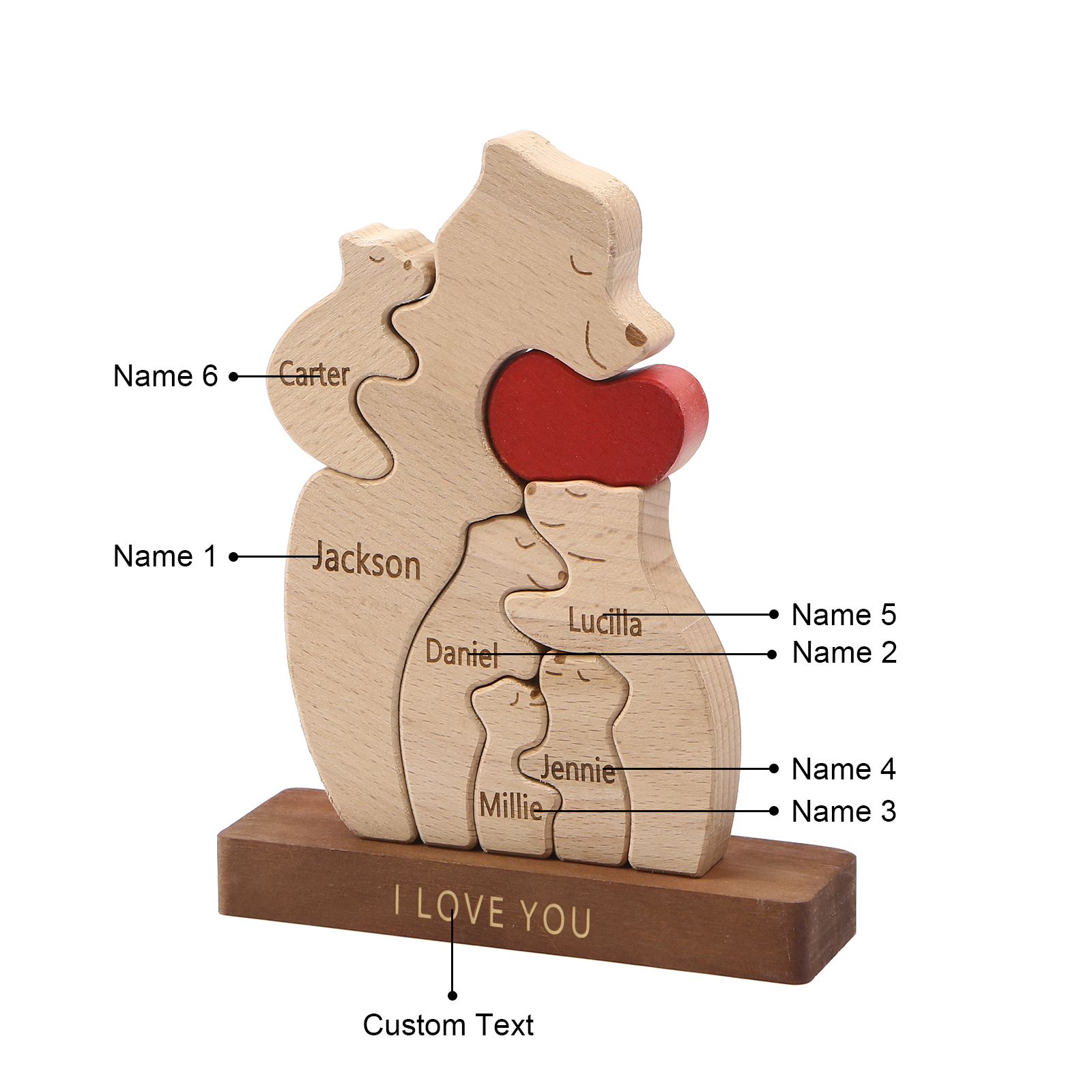 Personalized Bear Family Ornament Custom 6 Names & 1 Text Puzzles Home Decor Gifts for Family