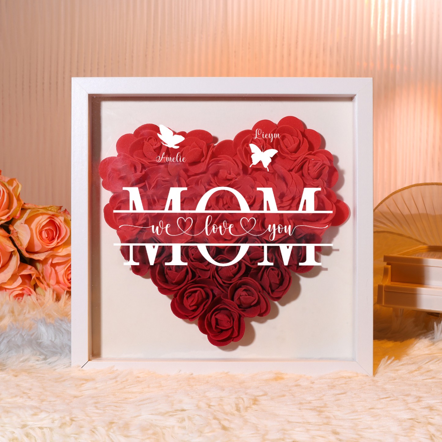 Personalized Flower Shadow Box Custom 2-7 Names & 1 Text Heart Rose Fr