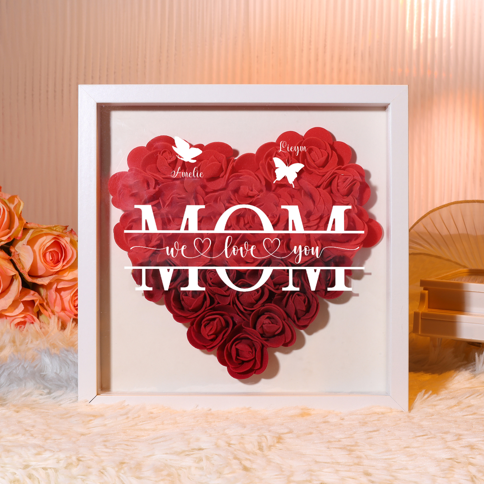 Personalized Flower Shadow Box Custom 2-7 Names & 1 Text Heart Rose Fr