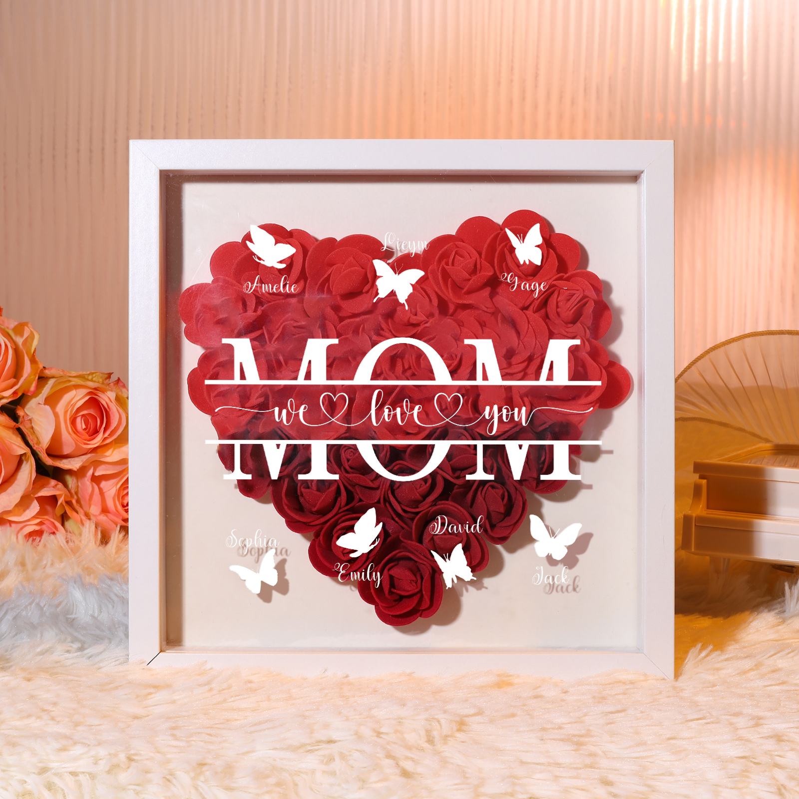 [Copy]Personalized Flower Shadow Box Custom 2-7 Names & 1 Text Heart Rose Frame Decor Gift for Grandma