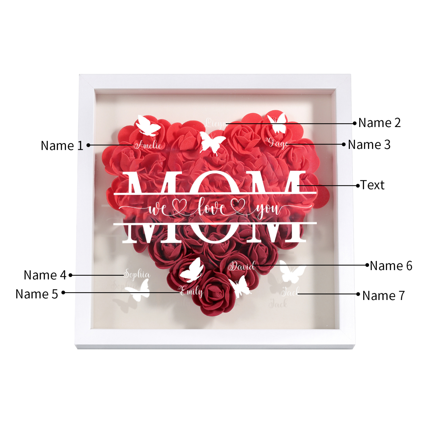 [Copy]Personalized Flower Shadow Box Custom 2-7 Names & 1 Text Heart Rose Frame Decor Gift for Grandma