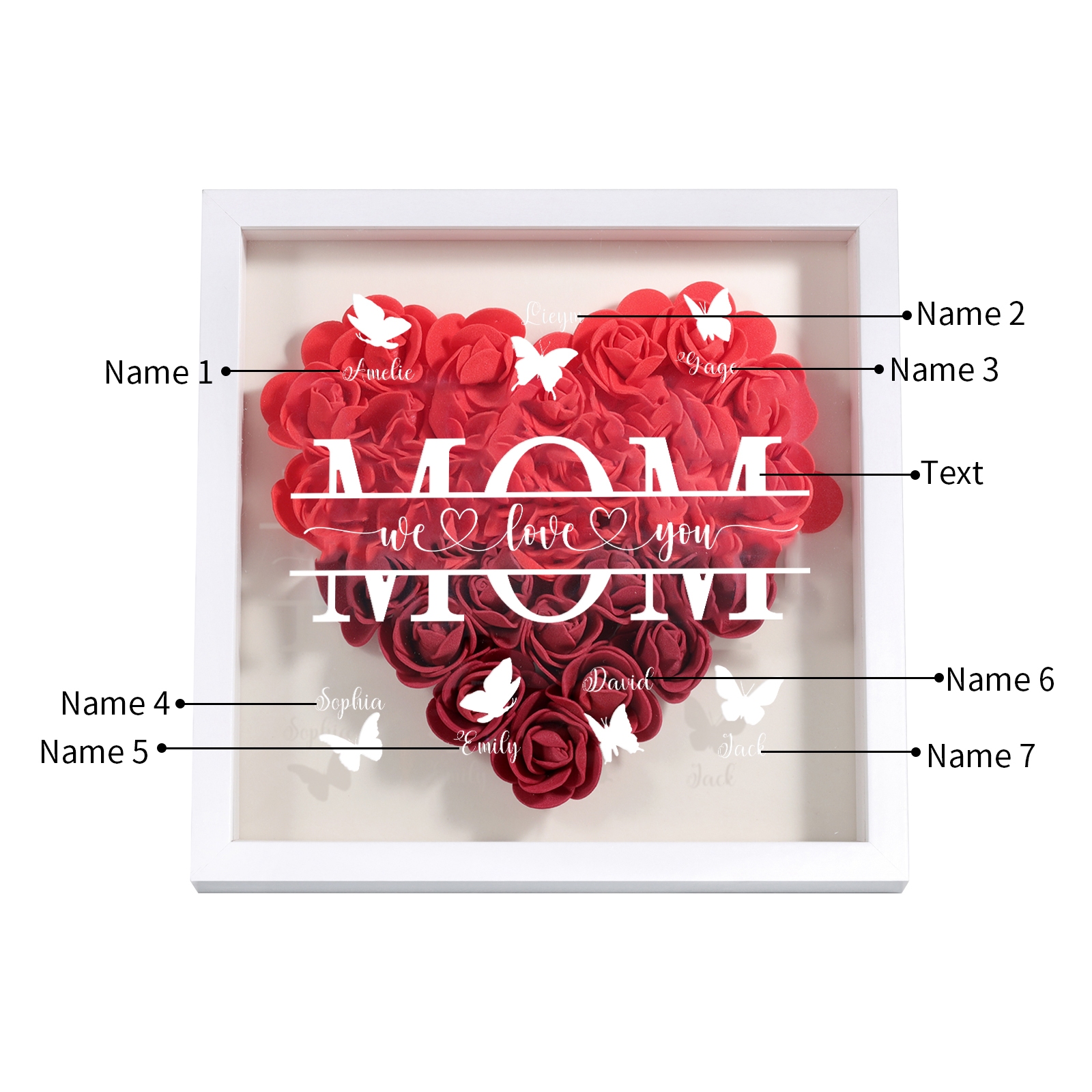 [Copy]Personalized Flower Shadow Box Custom 2-7 Names & 1 Text Heart Rose Frame Decor Gift for Grandma