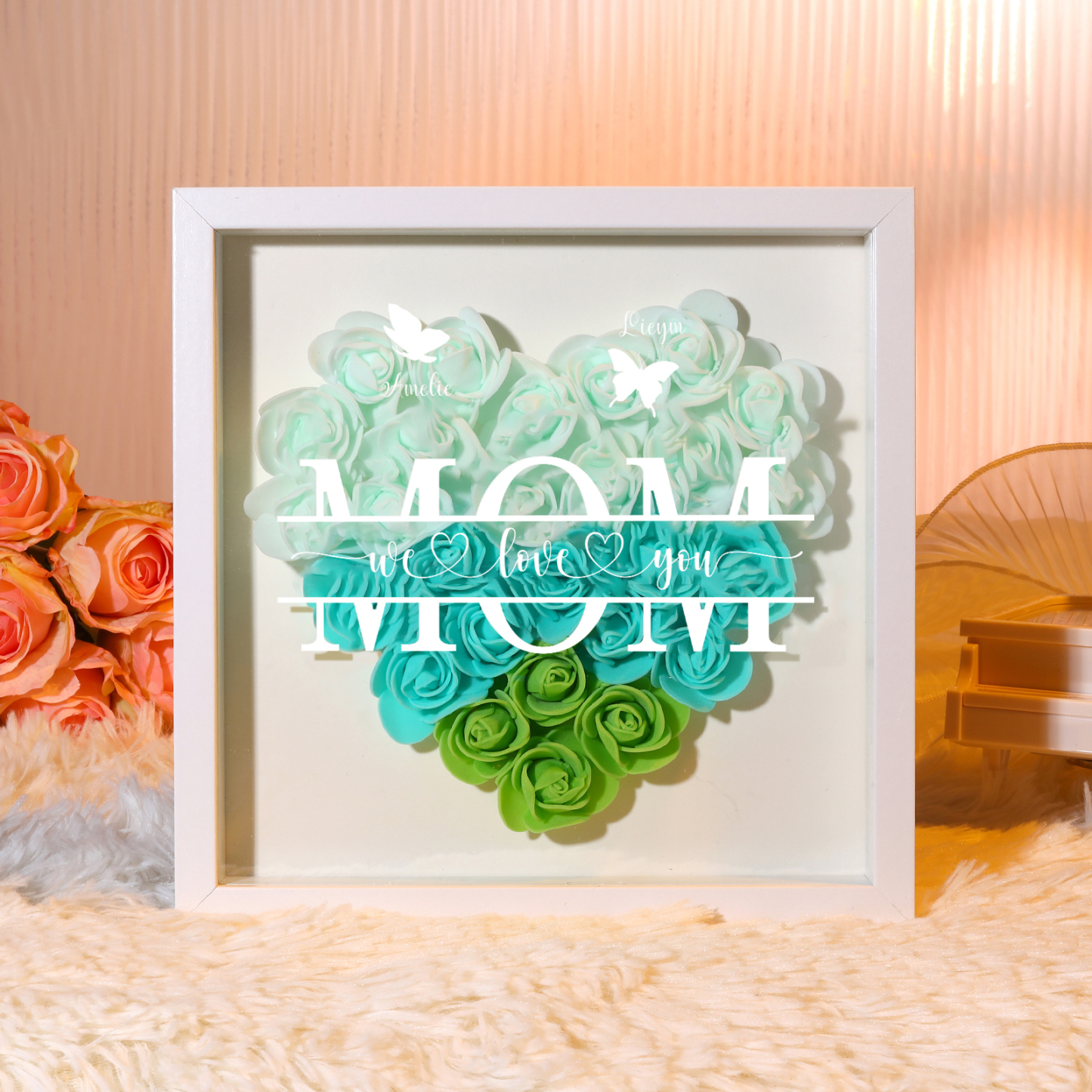 [Copy]Personalized Flower Shadow Box Custom 2-7 Names & 1 Text Heart Rose Frame Decor Gift for Grandma