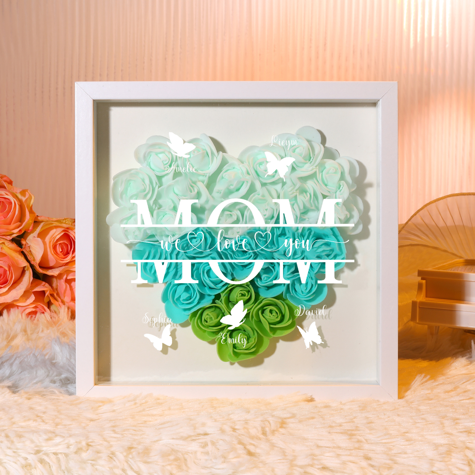 [Copy]Personalized Flower Shadow Box Custom 2-7 Names & 1 Text Heart Rose Frame Decor Gift for Grandma