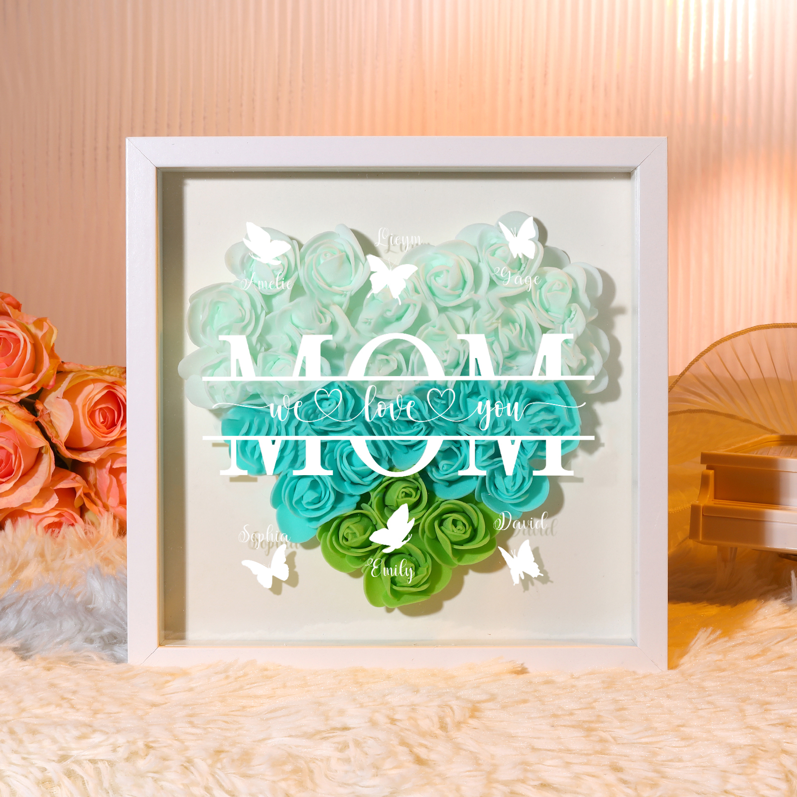 [Copy]Personalized Flower Shadow Box Custom 2-7 Names & 1 Text Heart Rose Frame Decor Gift for Grandma