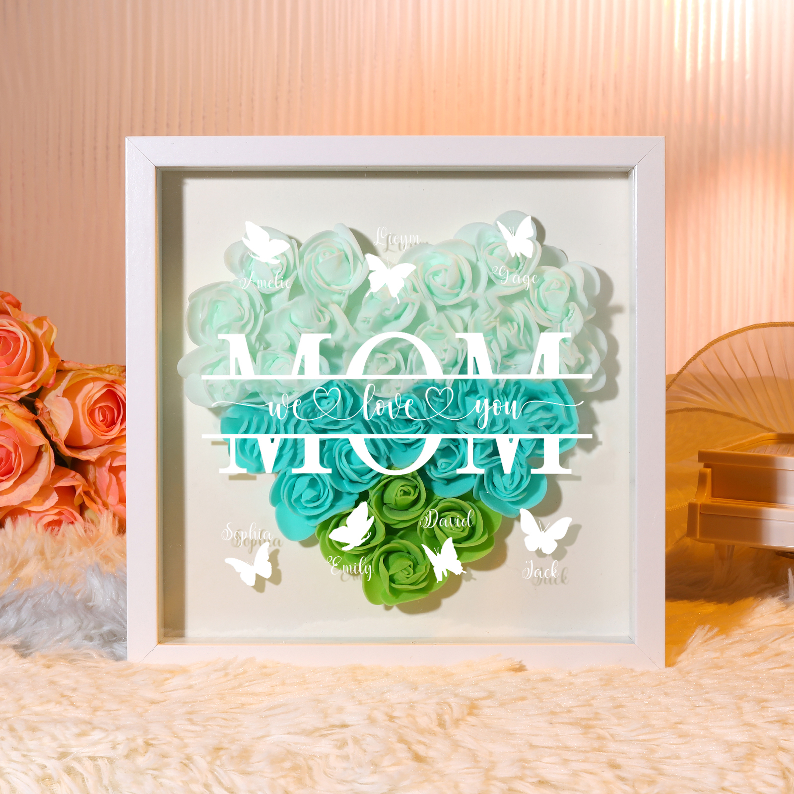 [Copy]Personalized Flower Shadow Box Custom 2-7 Names & 1 Text Heart Rose Frame Decor Gift for Grandma