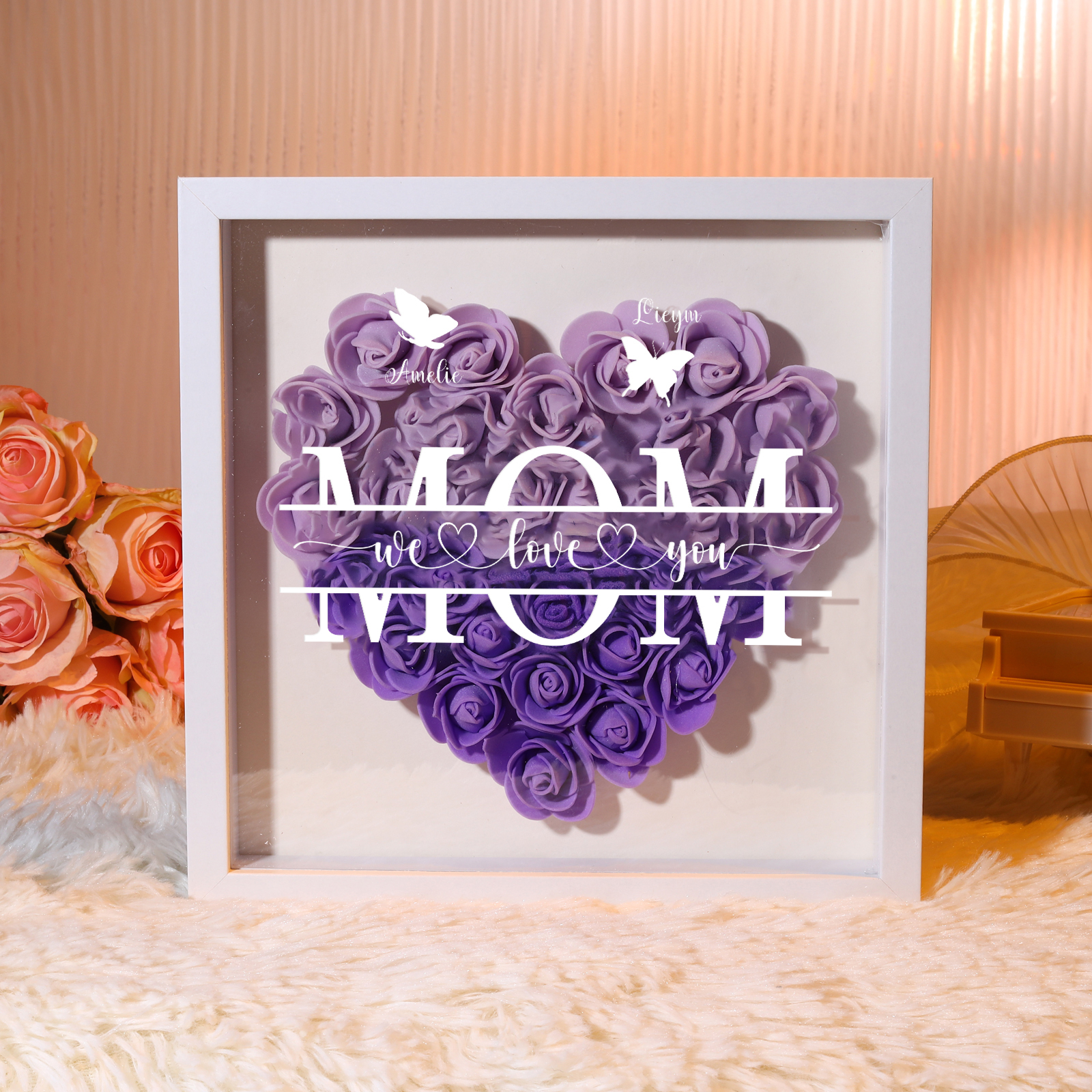 [Copy]Personalized Flower Shadow Box Custom 2-7 Names & 1 Text Heart Rose Frame Decor Gift for Grandma