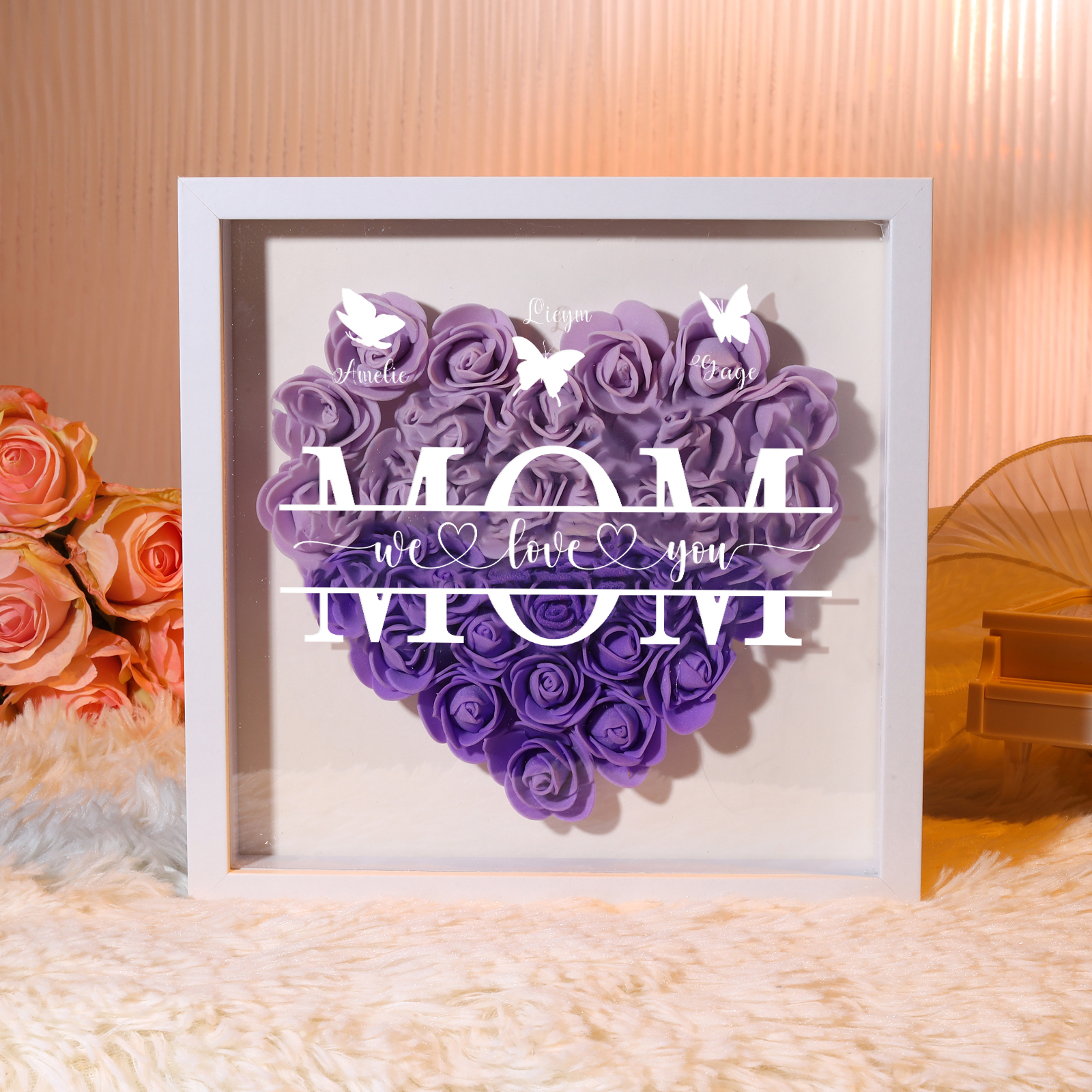 [Copy]Personalized Flower Shadow Box Custom 2-7 Names & 1 Text Heart Rose Frame Decor Gift for Grandma