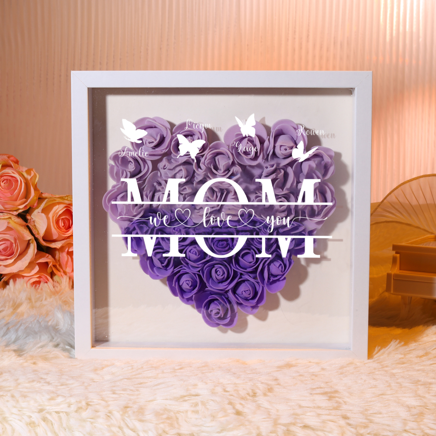 [Copy]Personalized Flower Shadow Box Custom 2-7 Names & 1 Text Heart Rose Frame Decor Gift for Grandma