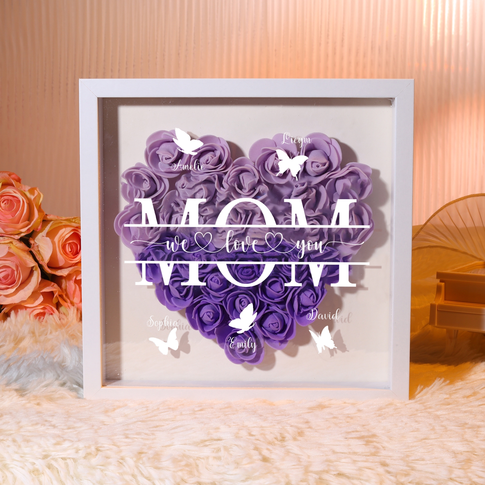 [Copy]Personalized Flower Shadow Box Custom 2-7 Names & 1 Text Heart Rose Frame Decor Gift for Grandma