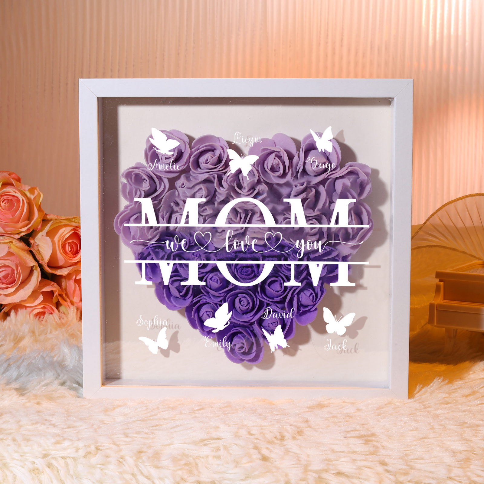 [Copy]Personalized Flower Shadow Box Custom 2-7 Names & 1 Text Heart Rose Frame Decor Gift for Grandma