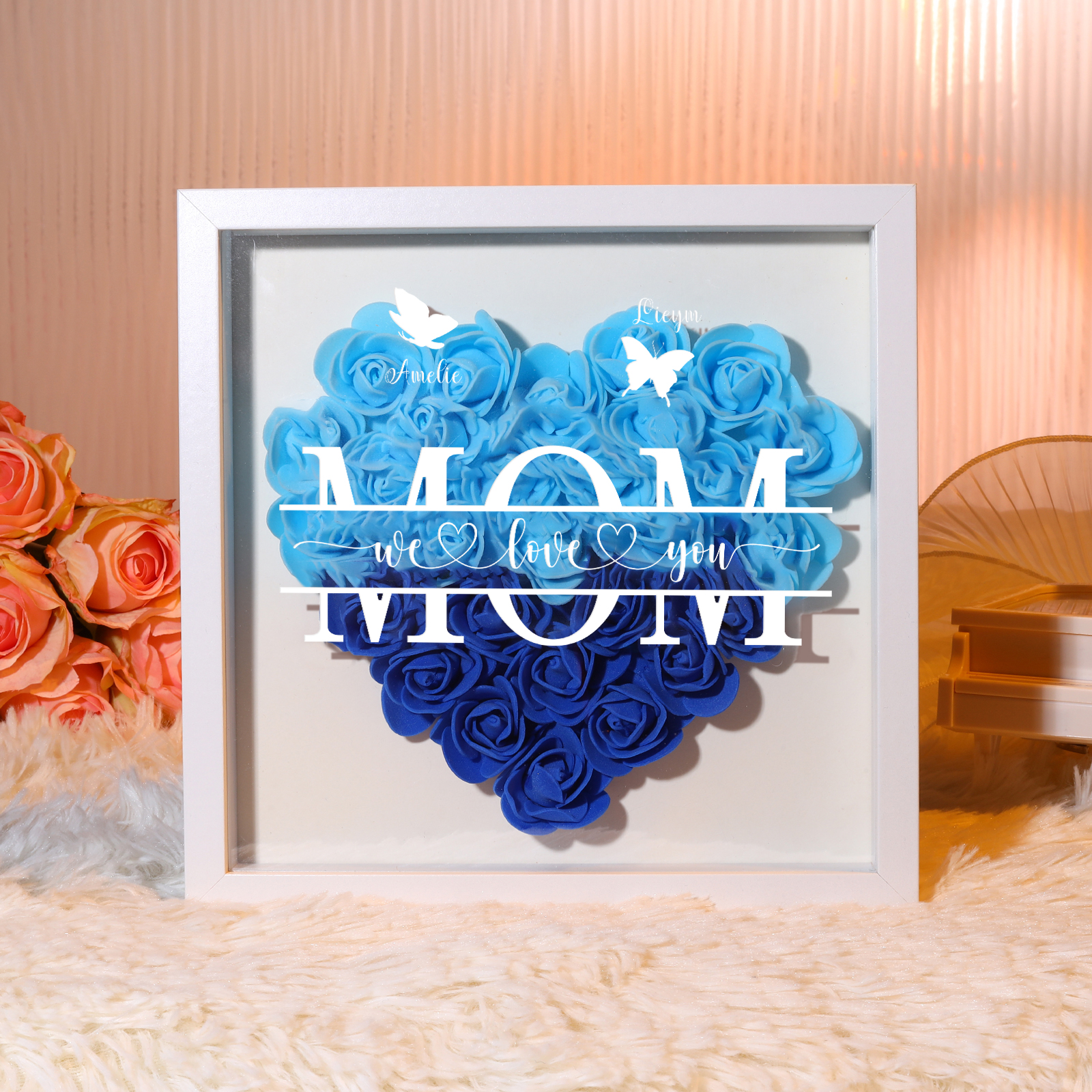 [Copy]Personalized Flower Shadow Box Custom 2-7 Names & 1 Text Heart Rose Frame Decor Gift for Grandma