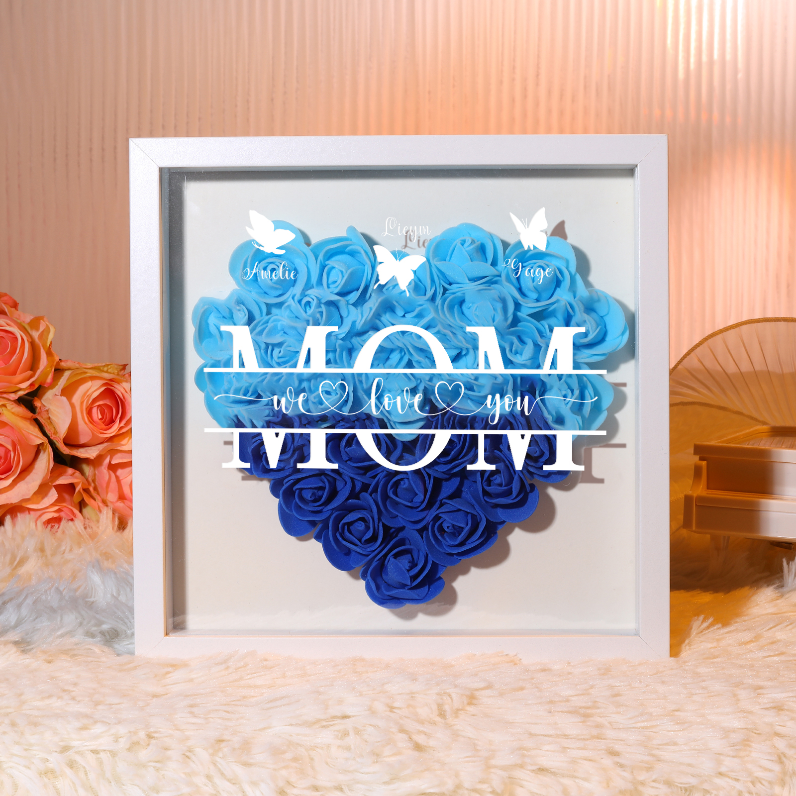 [Copy]Personalized Flower Shadow Box Custom 2-7 Names & 1 Text Heart Rose Frame Decor Gift for Grandma