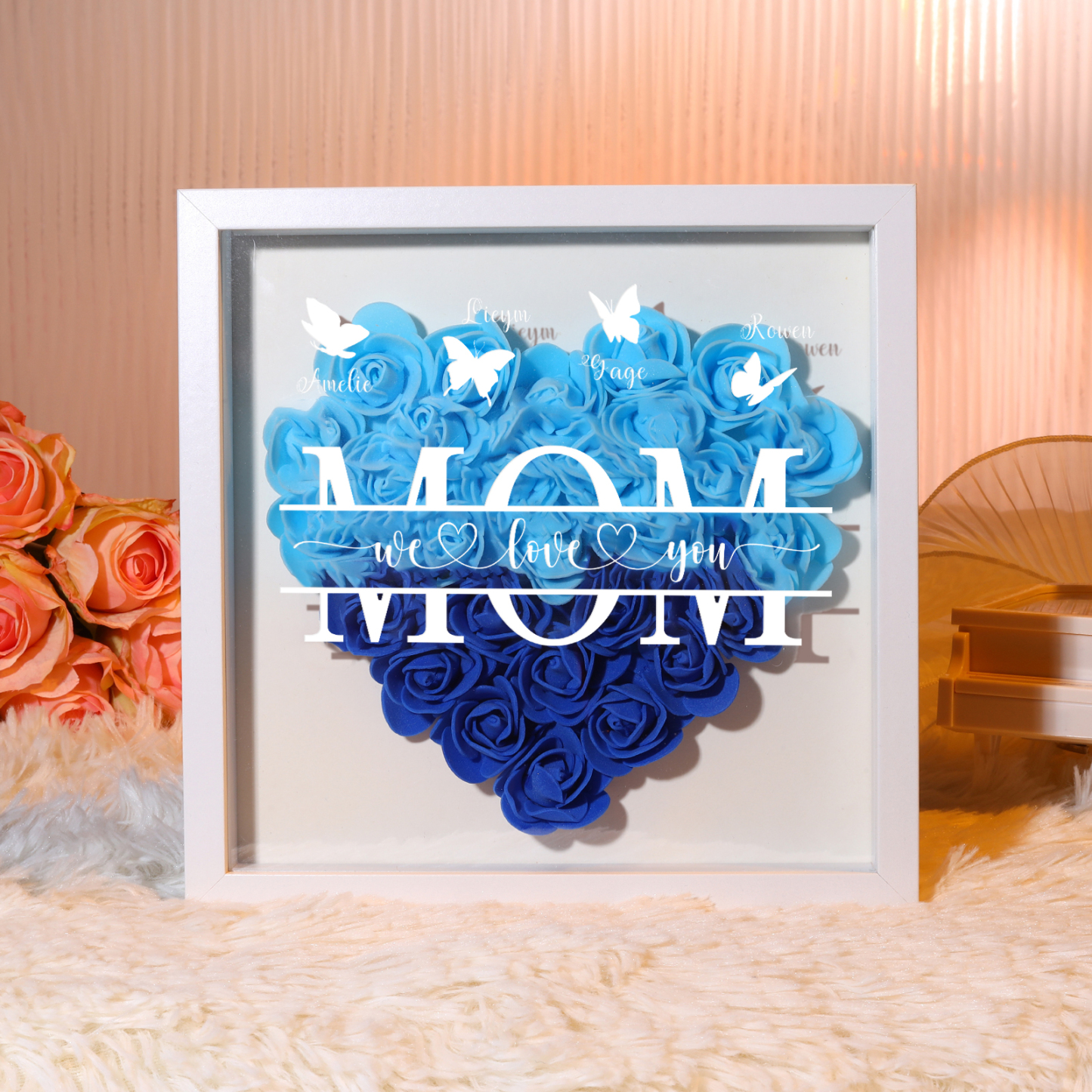 [Copy]Personalized Flower Shadow Box Custom 2-7 Names & 1 Text Heart Rose Frame Decor Gift for Grandma