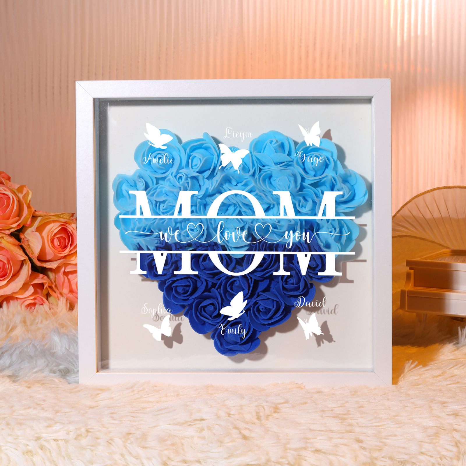 [Copy]Personalized Flower Shadow Box Custom 2-7 Names & 1 Text Heart Rose Frame Decor Gift for Grandma