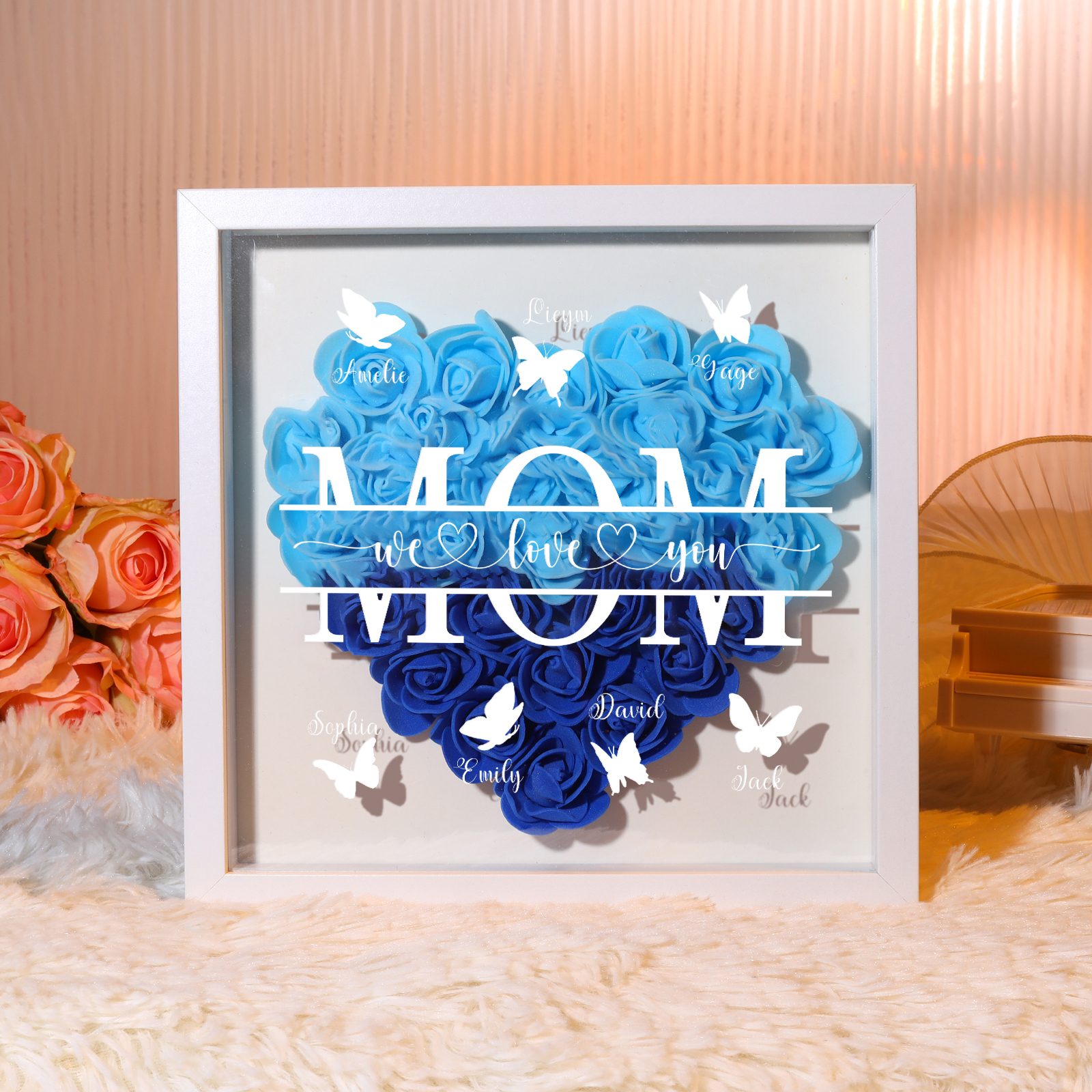 [Copy]Personalized Flower Shadow Box Custom 2-7 Names & 1 Text Heart Rose Frame Decor Gift for Grandma