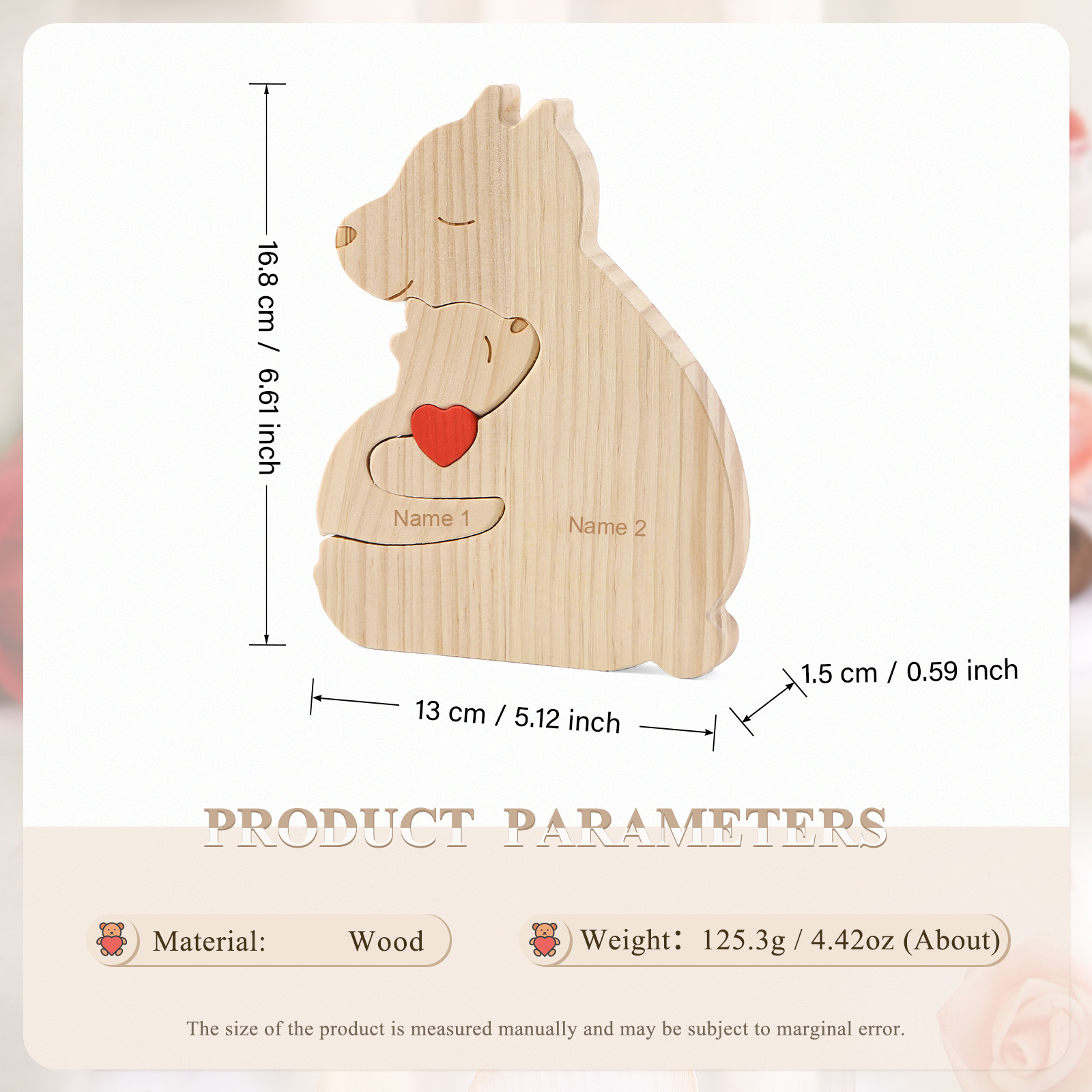 Personalized Name Wooden Bear Family Puzzles Ornament with Heart Custom 2 Names Home Decor Gifts