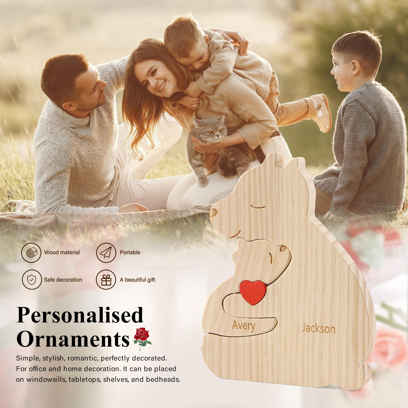 Personalized Name Wooden Bear Family Puzzles Ornament with Heart Custom 2 Names Home Decor Gifts
