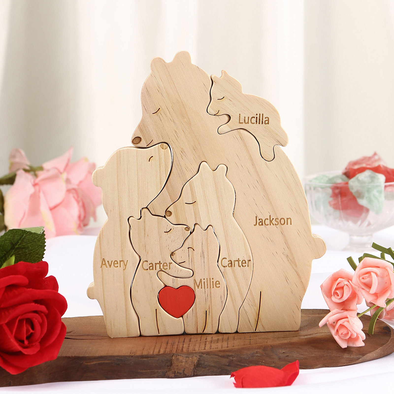 Personalized Name Wooden Bear Family Puzzles Ornament with Heart Custom 6 Names Home Decor Gifts