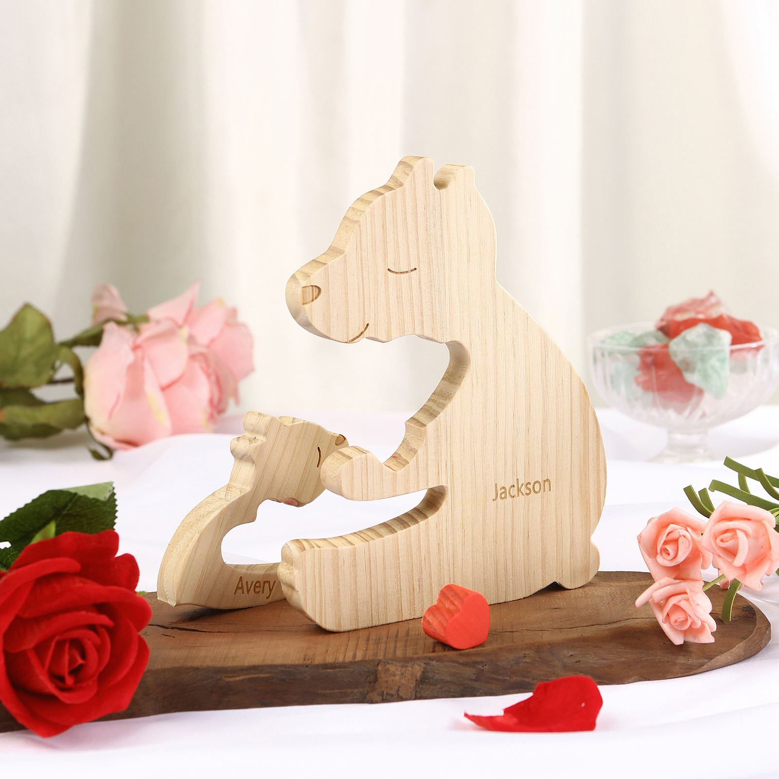 Personalized Name Wooden Bear Family Puzzles Ornament with Heart Custom 2 Names Home Decor Gifts