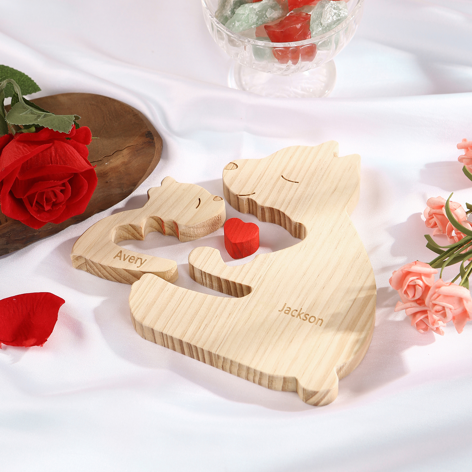 Personalized Name Wooden Bear Family Puzzles Ornament with Heart Custom 2 Names Home Decor Gifts