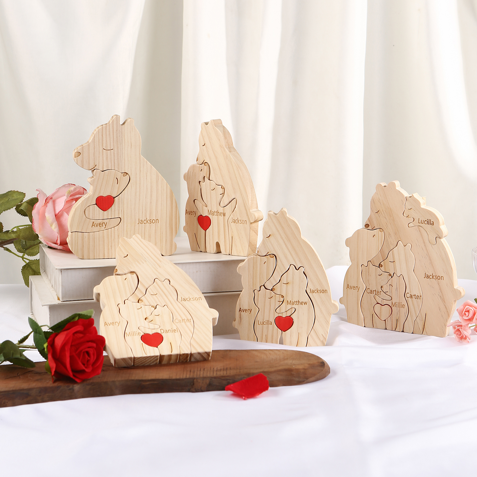 Personalized Name Wooden Bear Family Puzzles Ornament with Heart Custom 5 Names Home Decor Gifts