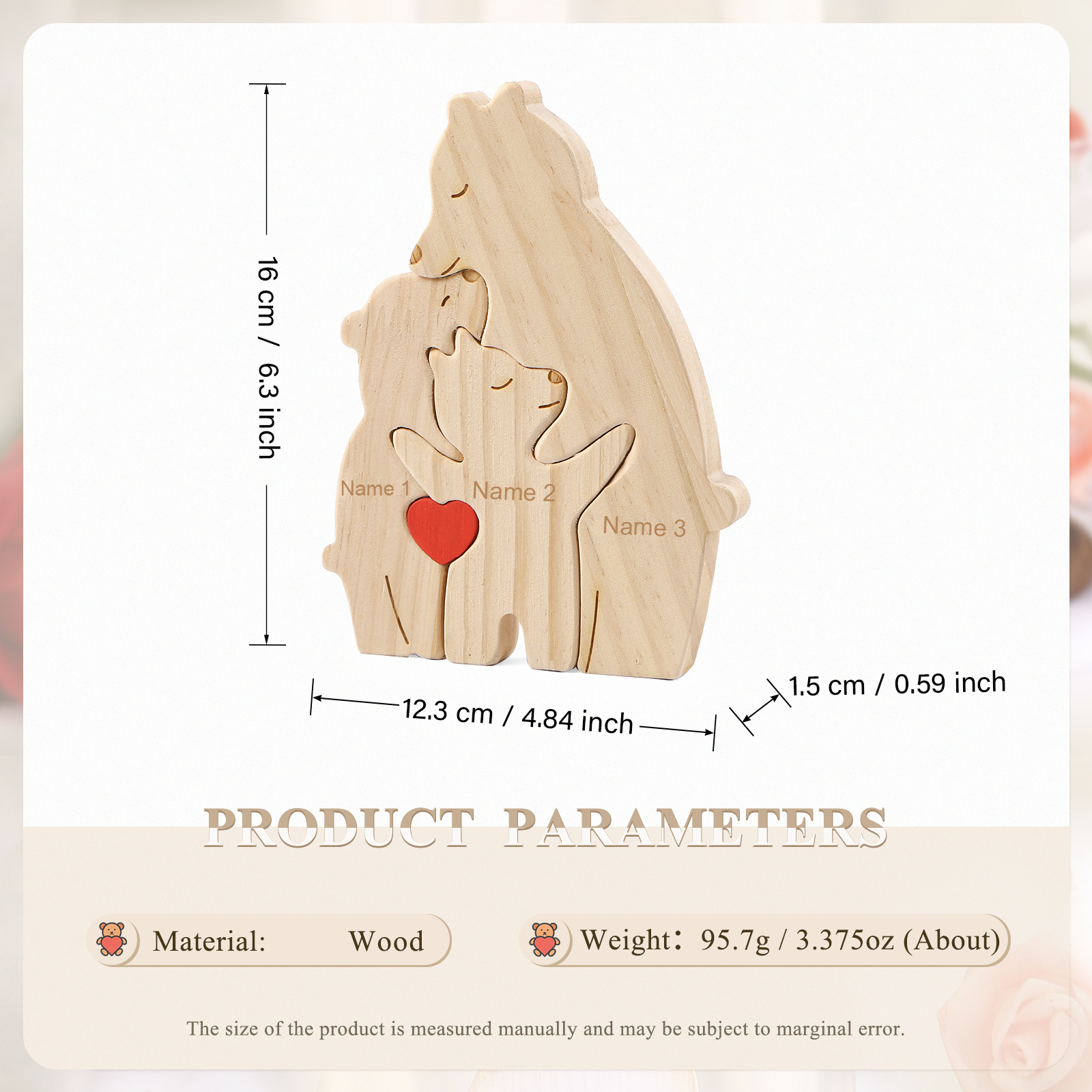 Personalized Name Wooden Bear Family Puzzles Ornament with Heart Custom 3 Names Home Decor Gifts
