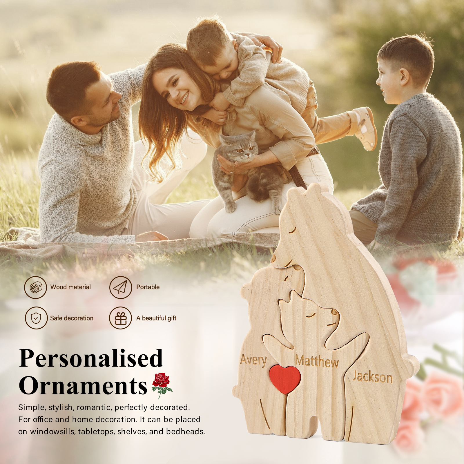 Personalized Name Wooden Bear Family Puzzles Ornament with Heart Custom 3 Names Home Decor Gifts
