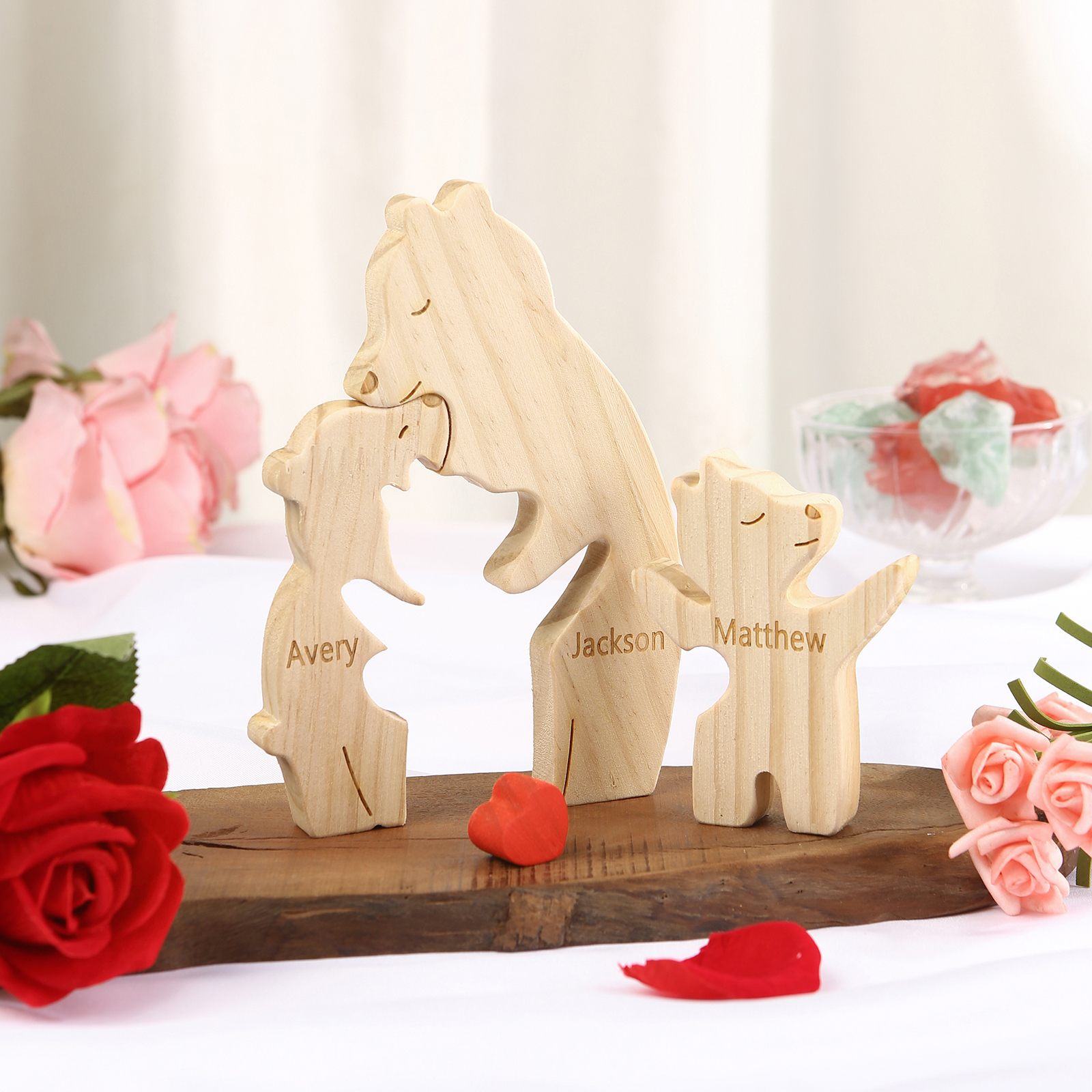 Personalized Name Wooden Bear Family Puzzles Ornament with Heart Custom 3 Names Home Decor Gifts