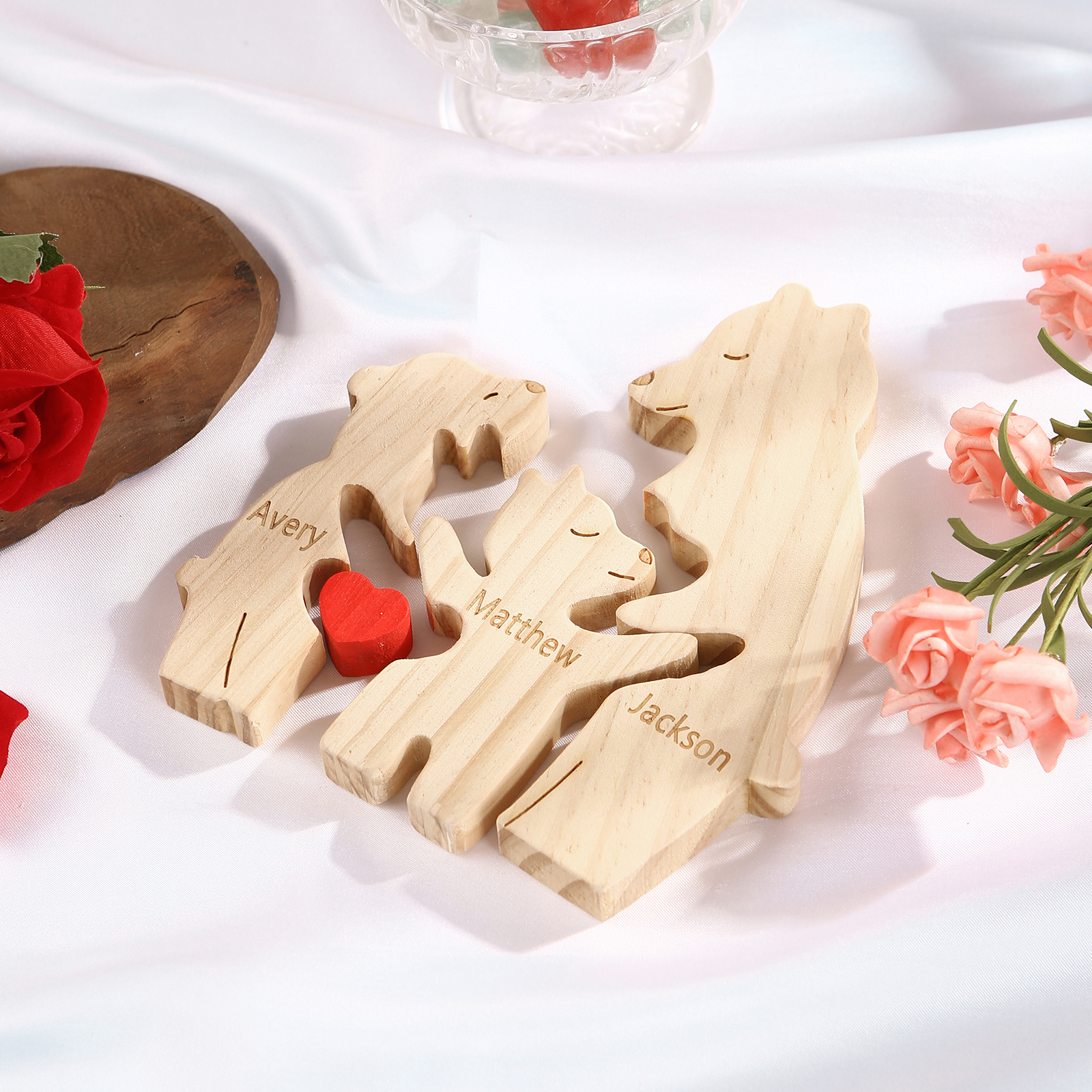 Personalized Name Wooden Bear Family Puzzles Ornament with Heart Custom 3 Names Home Decor Gifts