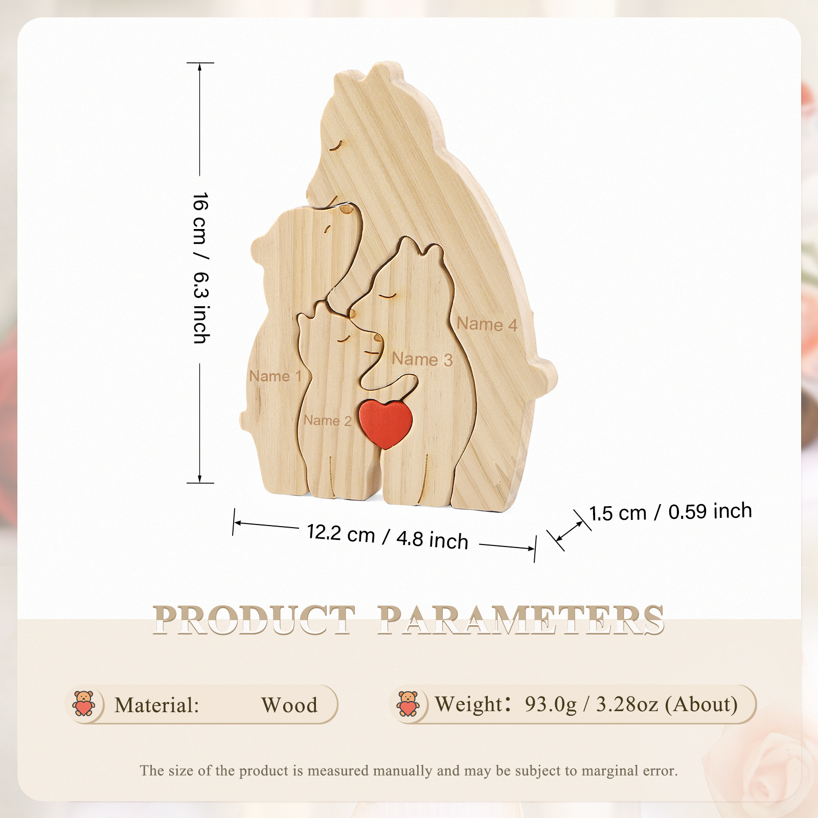 Personalized Name Wooden Bear Family Puzzles Ornament with Heart Custom 4 Names Home Decor Gifts