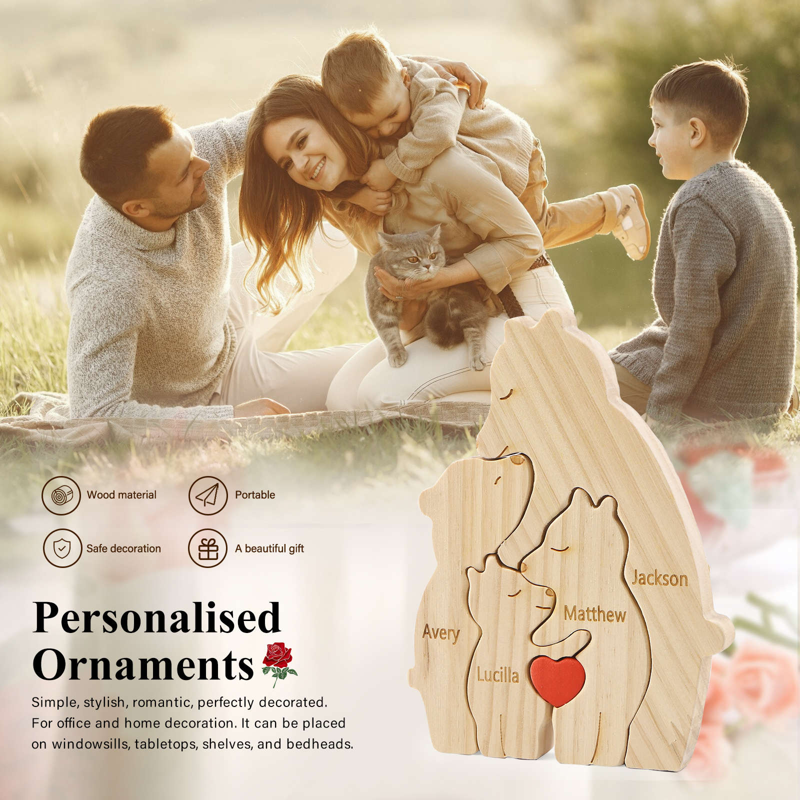 Personalized Name Wooden Bear Family Puzzles Ornament with Heart Custom 4 Names Home Decor Gifts