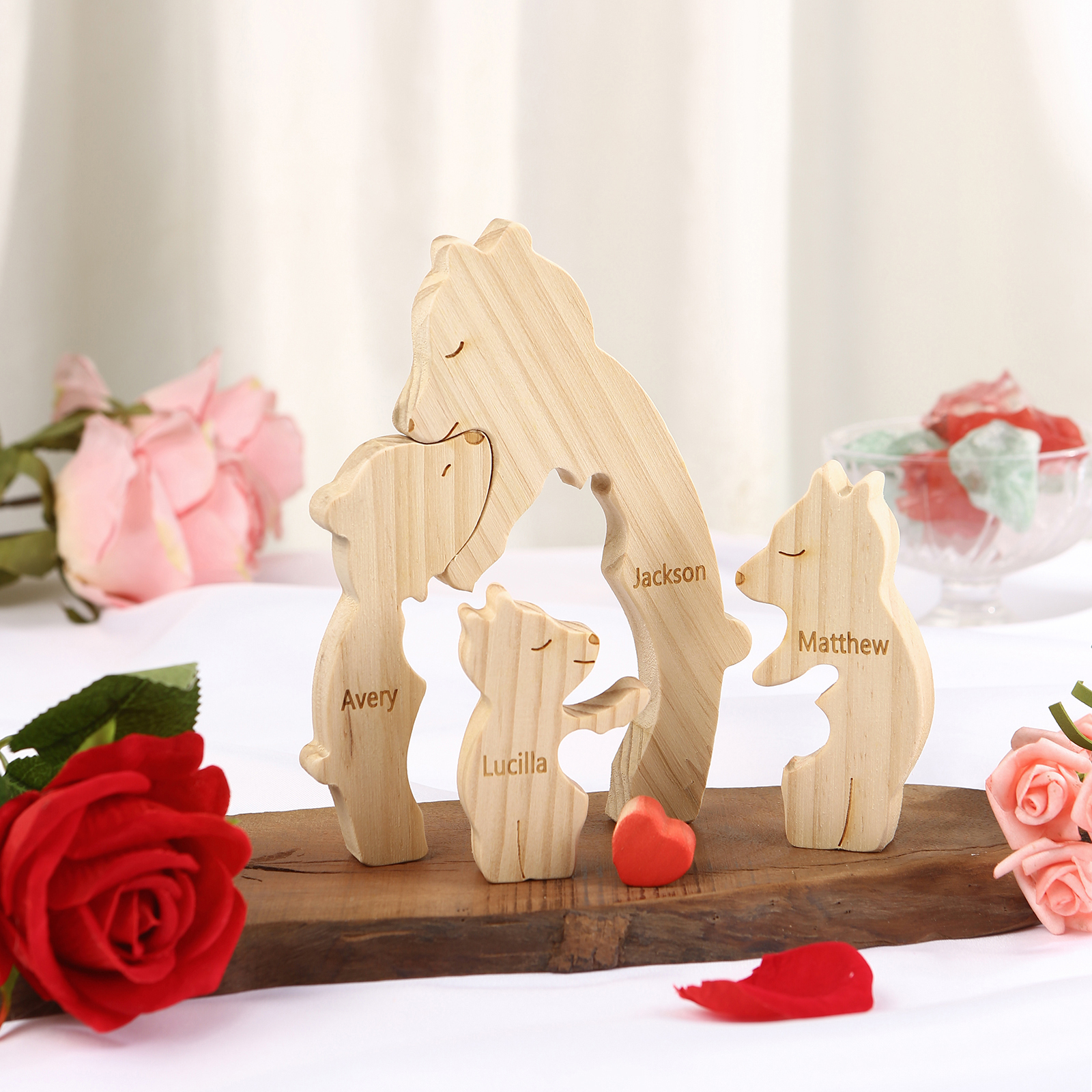 Personalized Name Wooden Bear Family Puzzles Ornament with Heart Custom 4 Names Home Decor Gifts
