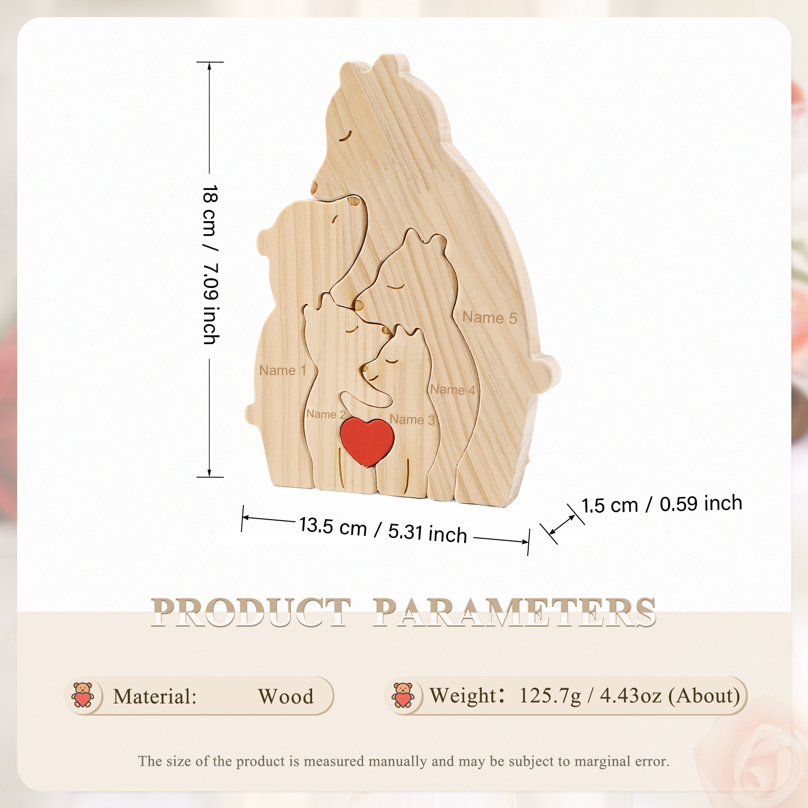 Personalized Name Wooden Bear Family Puzzles Ornament with Heart Custom 5 Names Home Decor Gifts