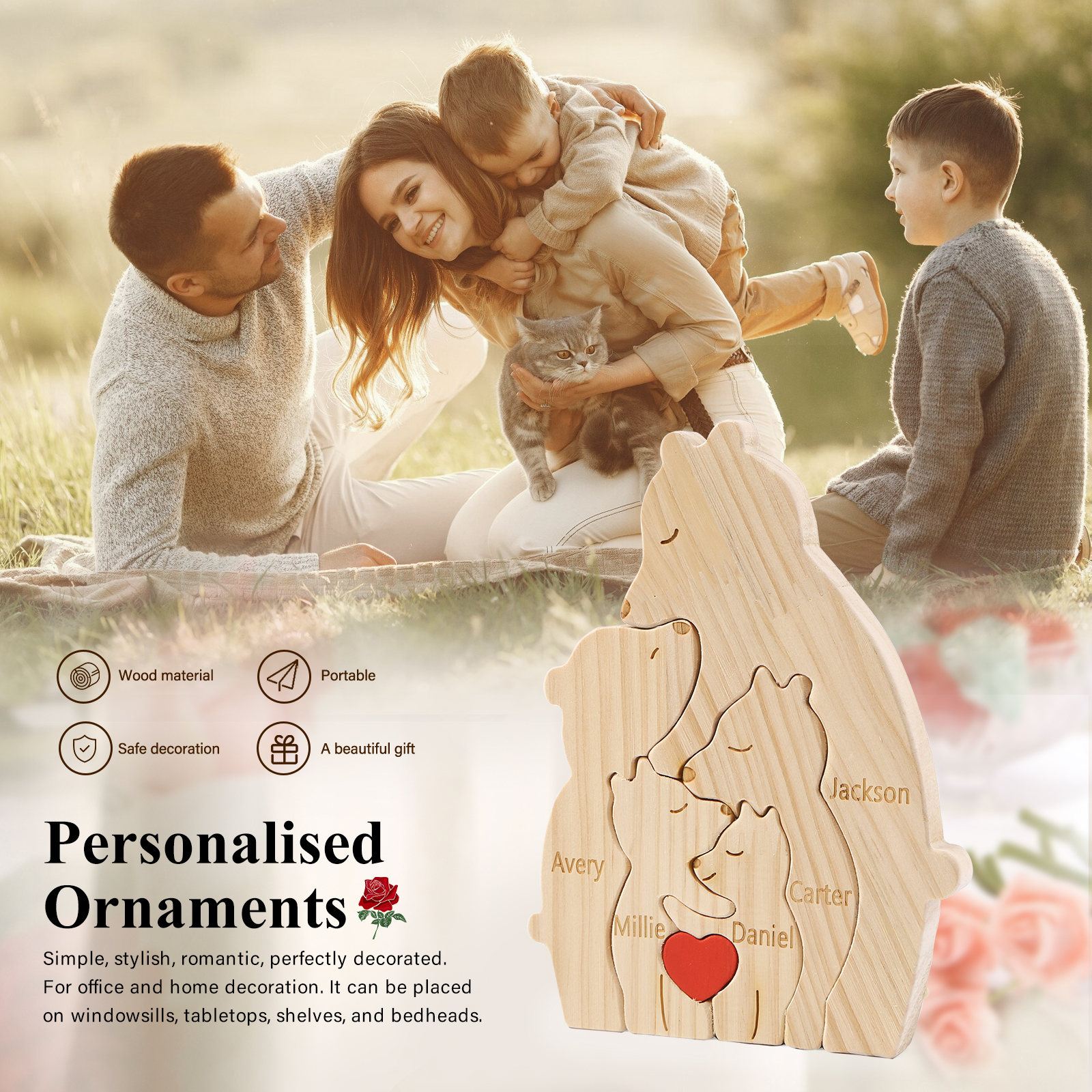 Personalized Name Wooden Bear Family Puzzles Ornament with Heart Custom 5 Names Home Decor Gifts
