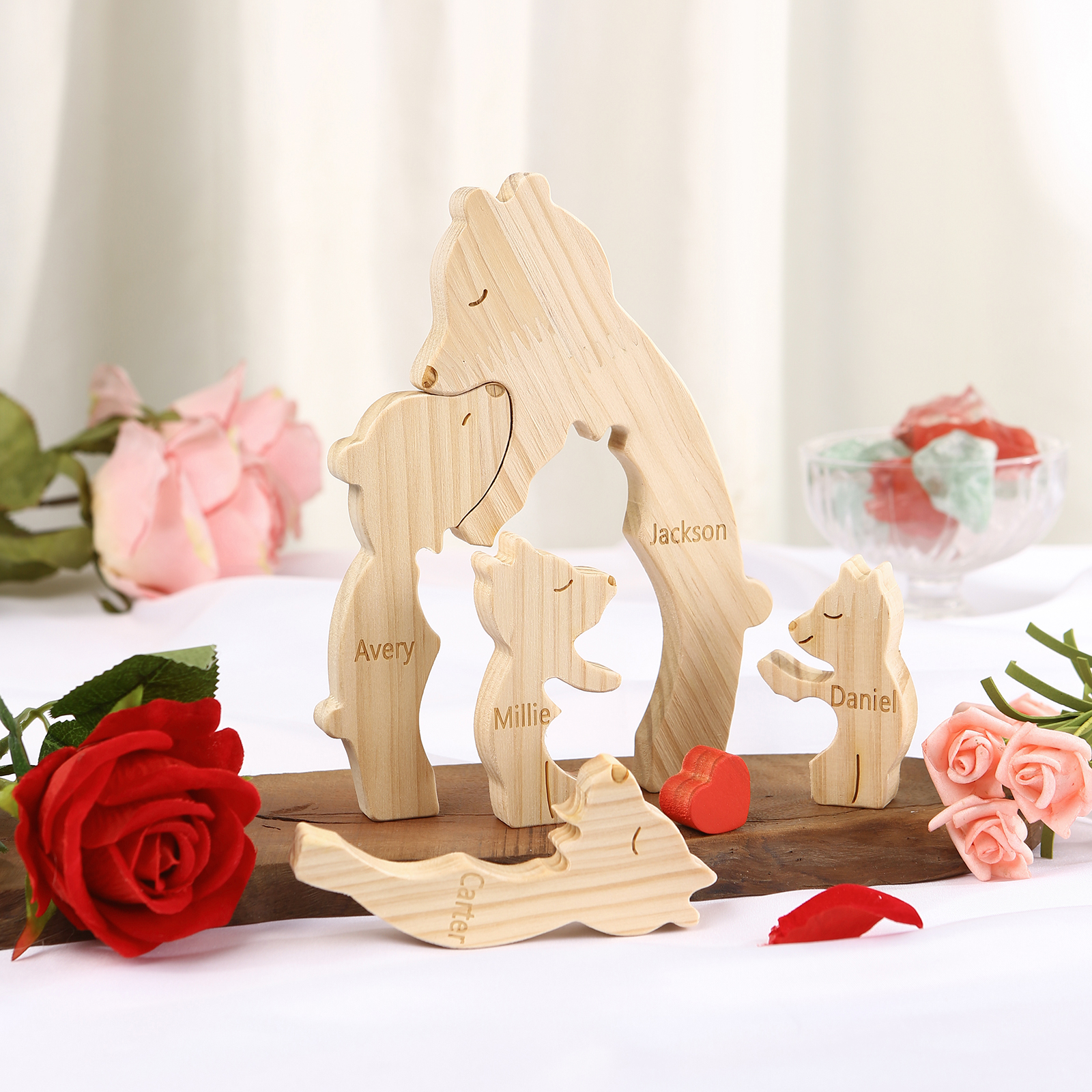 Personalized Name Wooden Bear Family Puzzles Ornament with Heart Custom 5 Names Home Decor Gifts