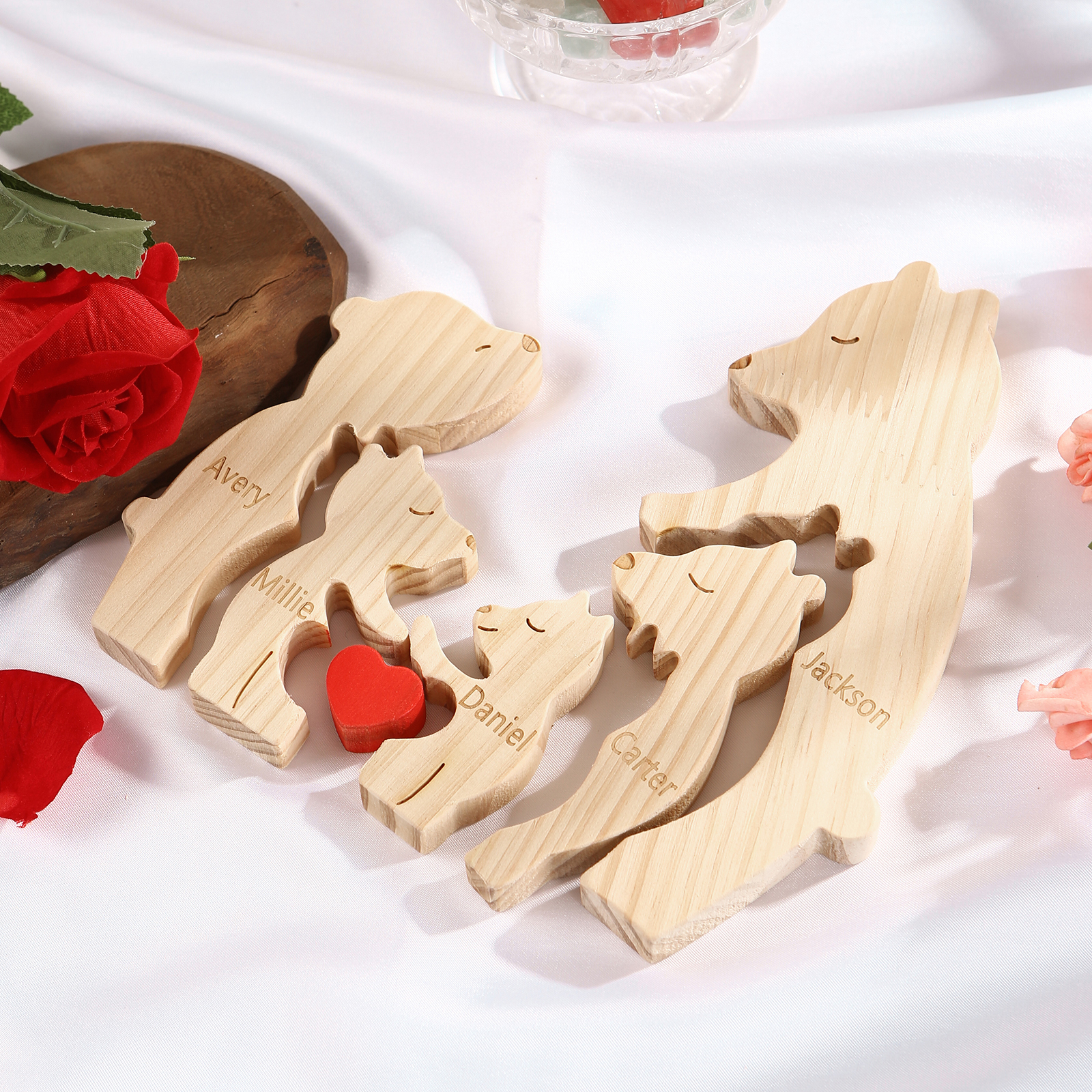 Personalized Name Wooden Bear Family Puzzles Ornament with Heart Custom 5 Names Home Decor Gifts
