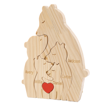 Personalized Name Wooden Bear Family Puzzles Ornament with Heart Custom 5 Names Home Decor Gifts