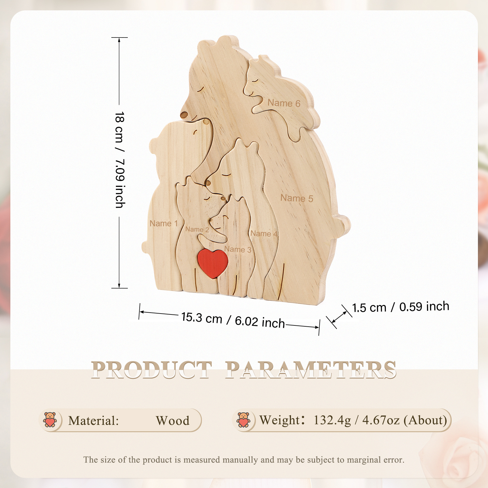 Personalized Name Wooden Bear Family Puzzles Ornament with Heart Custom 6 Names Home Decor Gifts