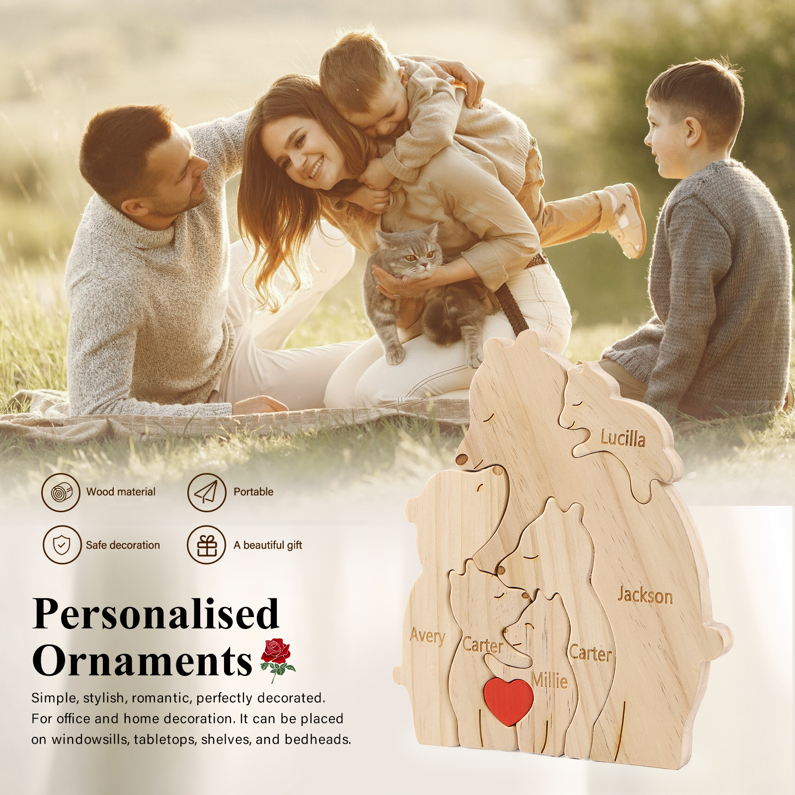 Personalized Name Wooden Bear Family Puzzles Ornament with Heart Custom 6 Names Home Decor Gifts