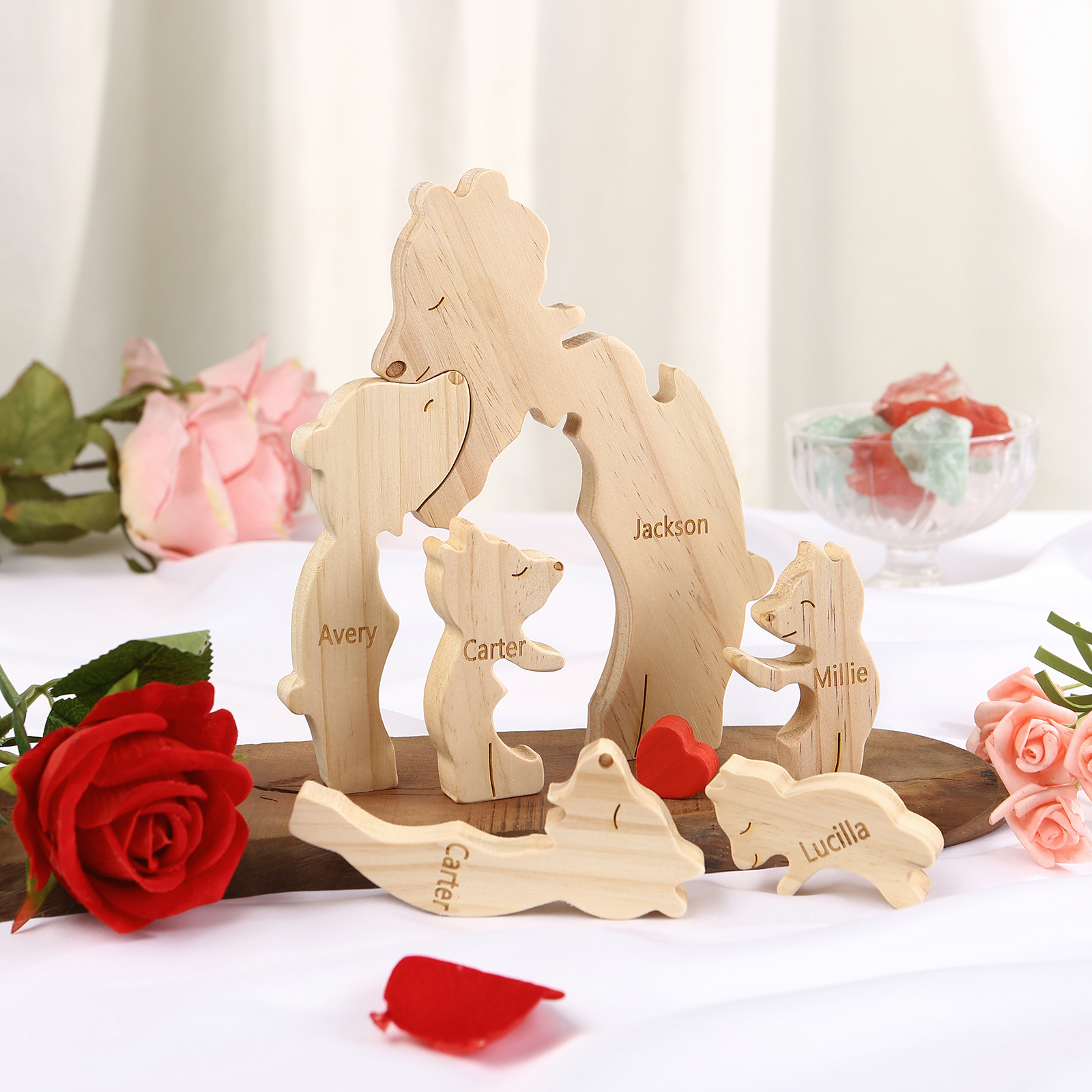 Personalized Name Wooden Bear Family Puzzles Ornament with Heart Custom 6 Names Home Decor Gifts