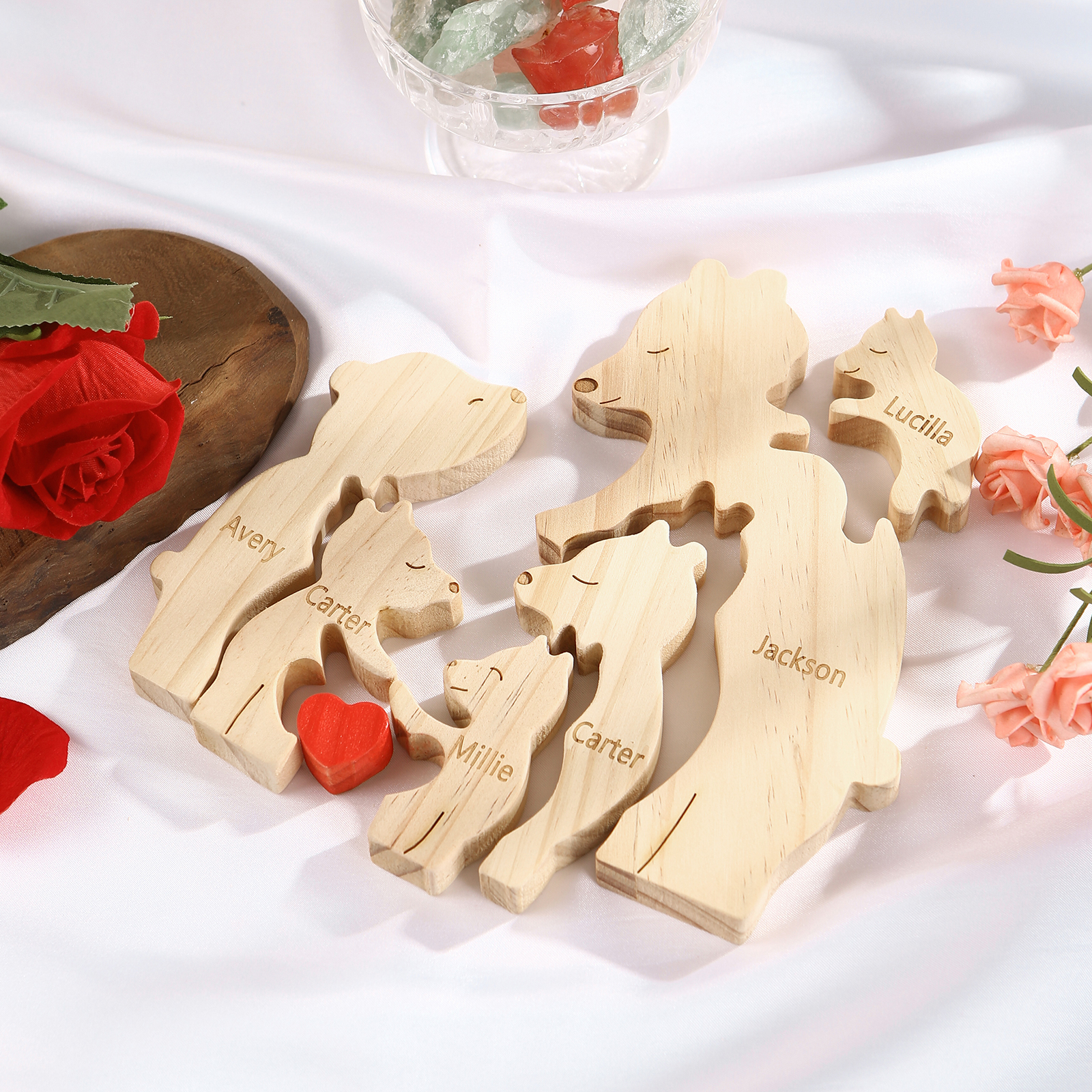 Personalized Name Wooden Bear Family Puzzles Ornament with Heart Custom 6 Names Home Decor Gifts