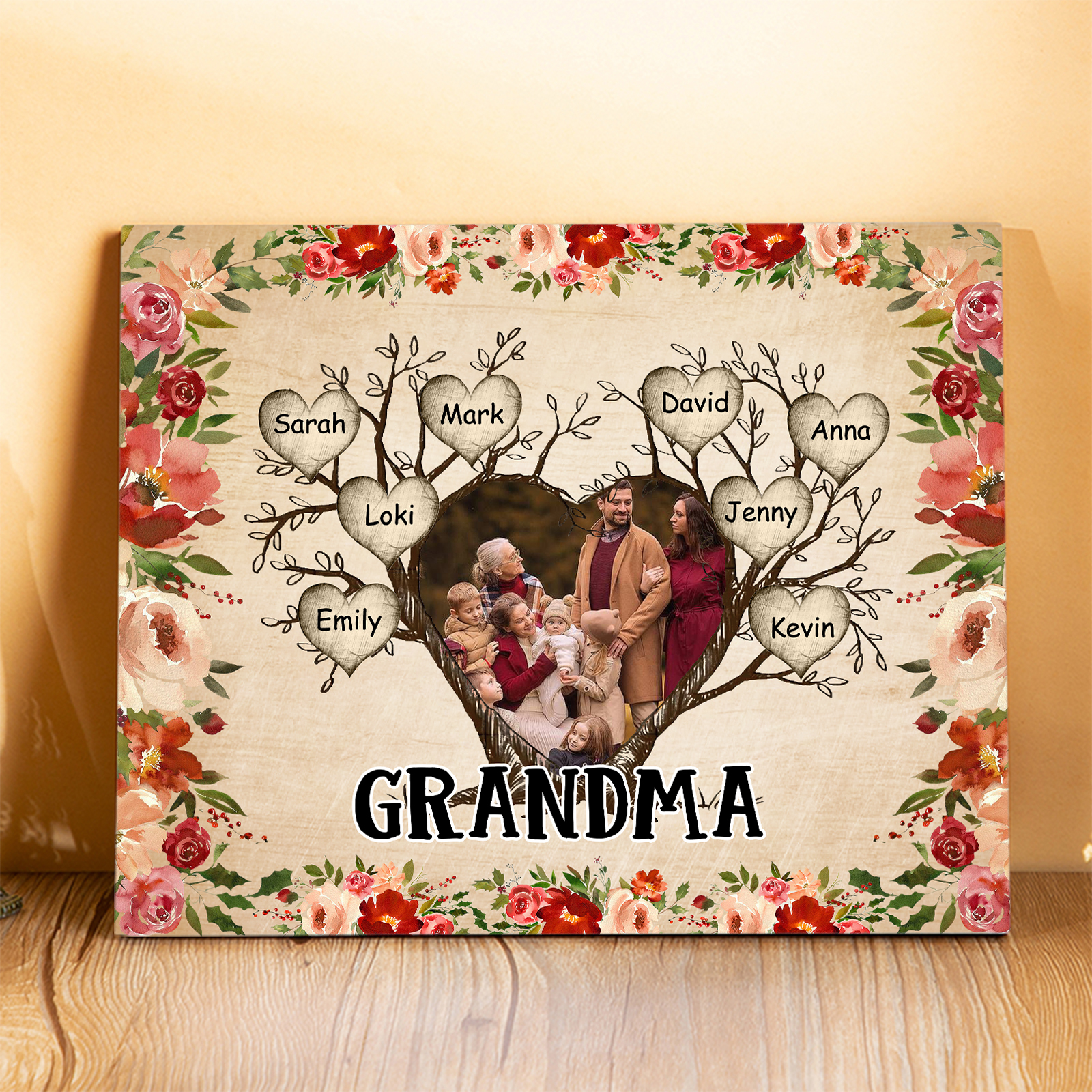 Personalized Text & Photo Wooden Plaque Custom 2–9 Names Family Tree Home Decor Gift for Grandma/Mother