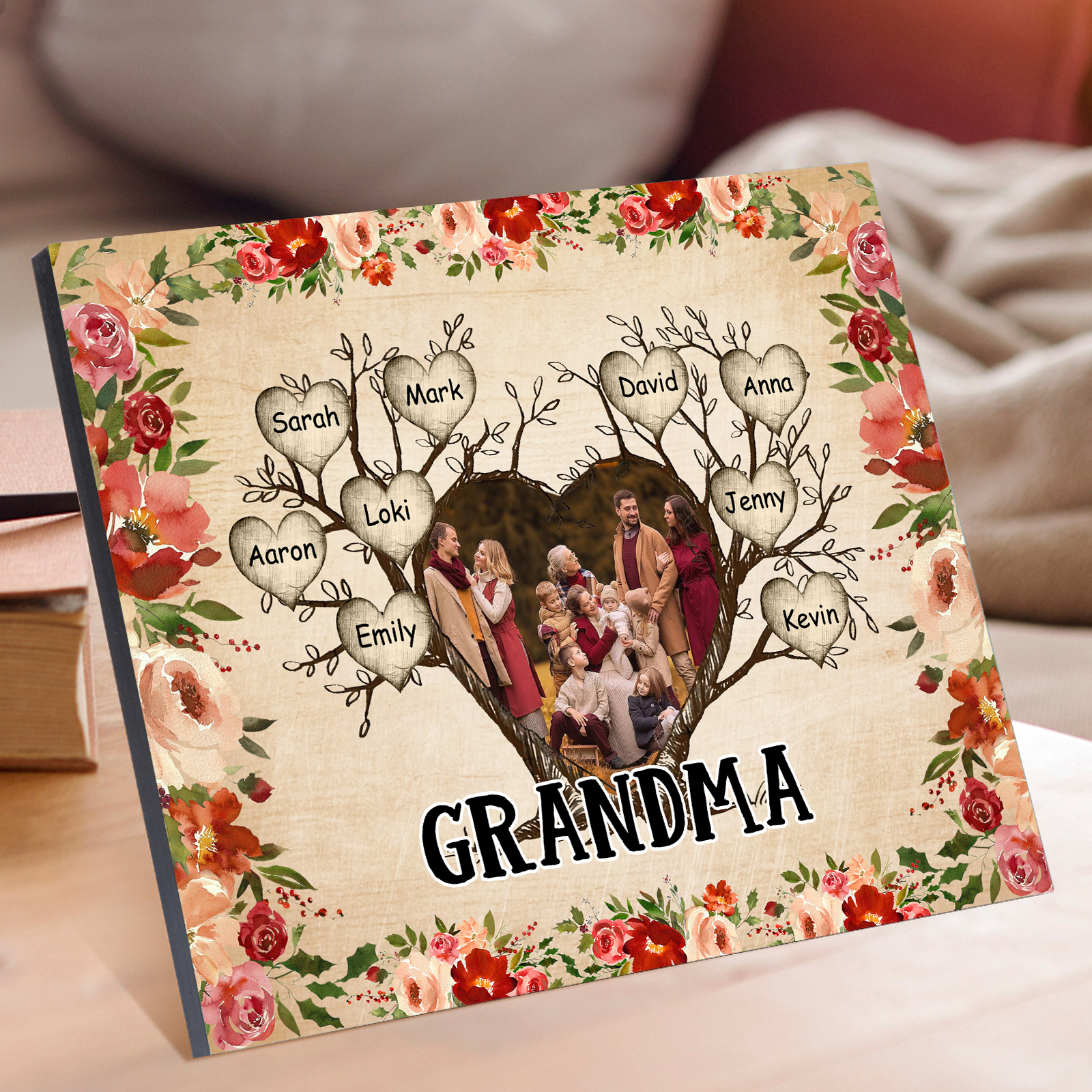 Personalized Text & Photo Wooden Plaque Custom 2–9 Names Family Tree Home Decor Gift for Grandma/Mother