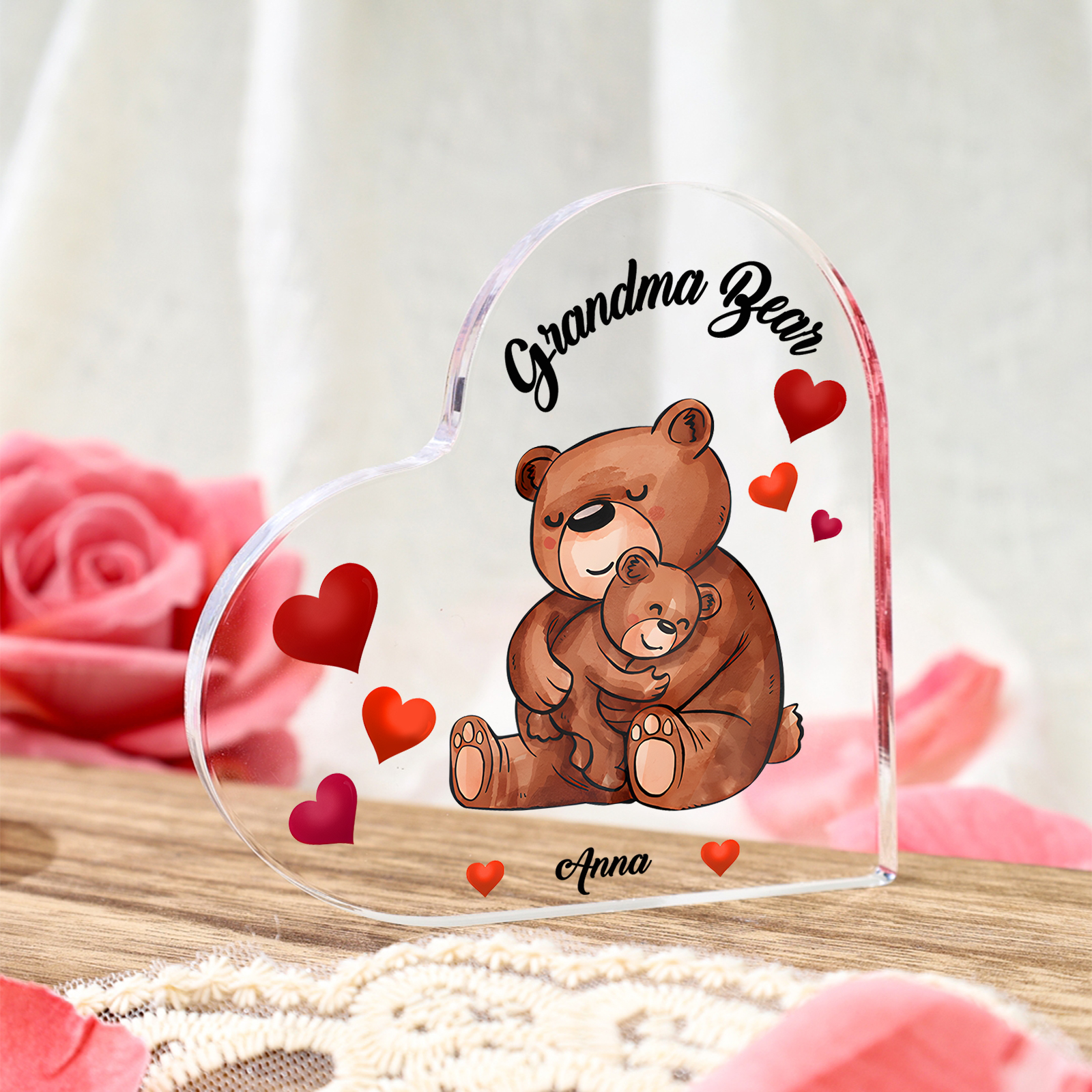 Personalized Bear Family Acrylic Heart Plaque Custom 1 Text & 1–6 Name
