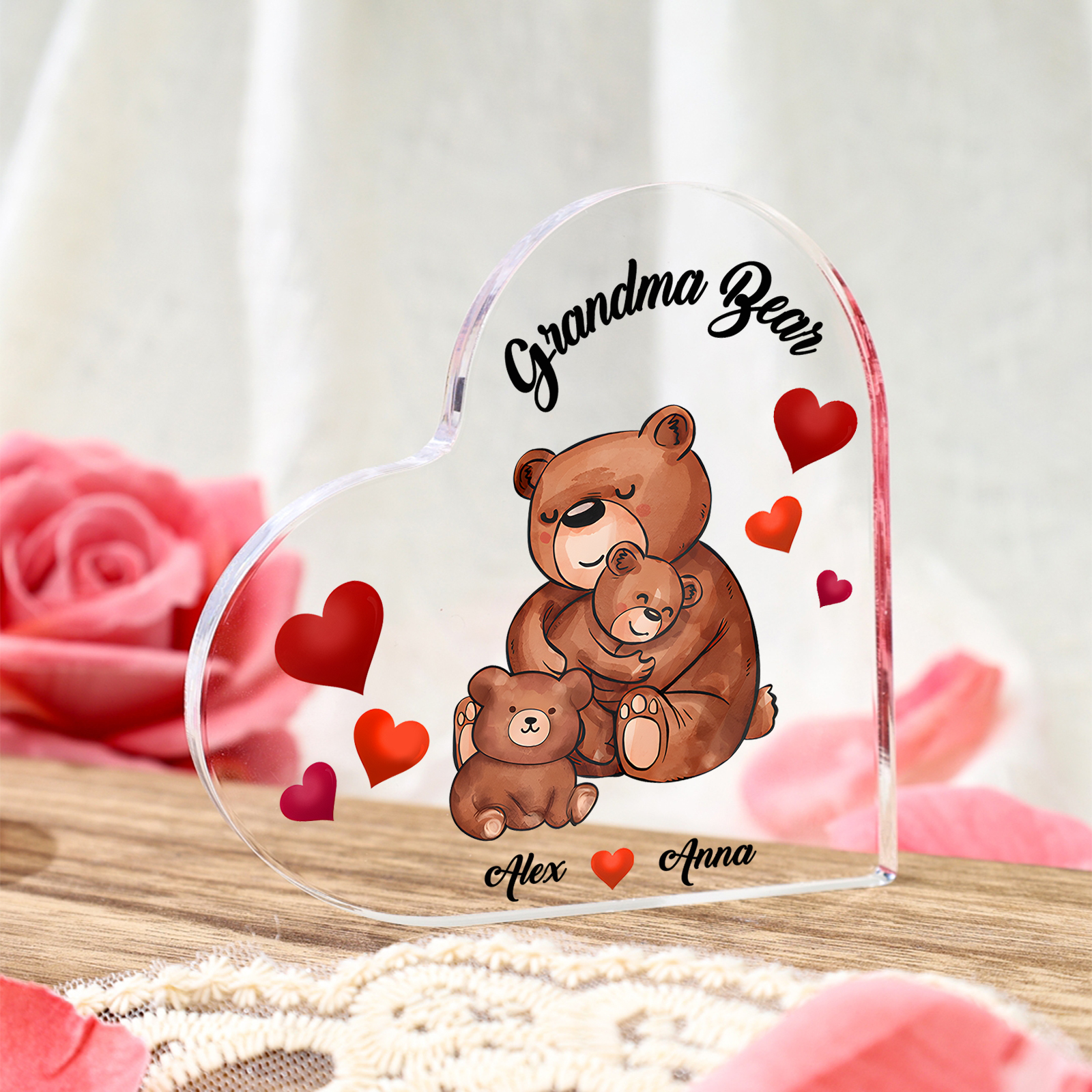 Personalized Bear Family Acrylic Heart Plaque Custom 1 Text & 1–6 Names Ornament Gifts for Grandma/Mother
