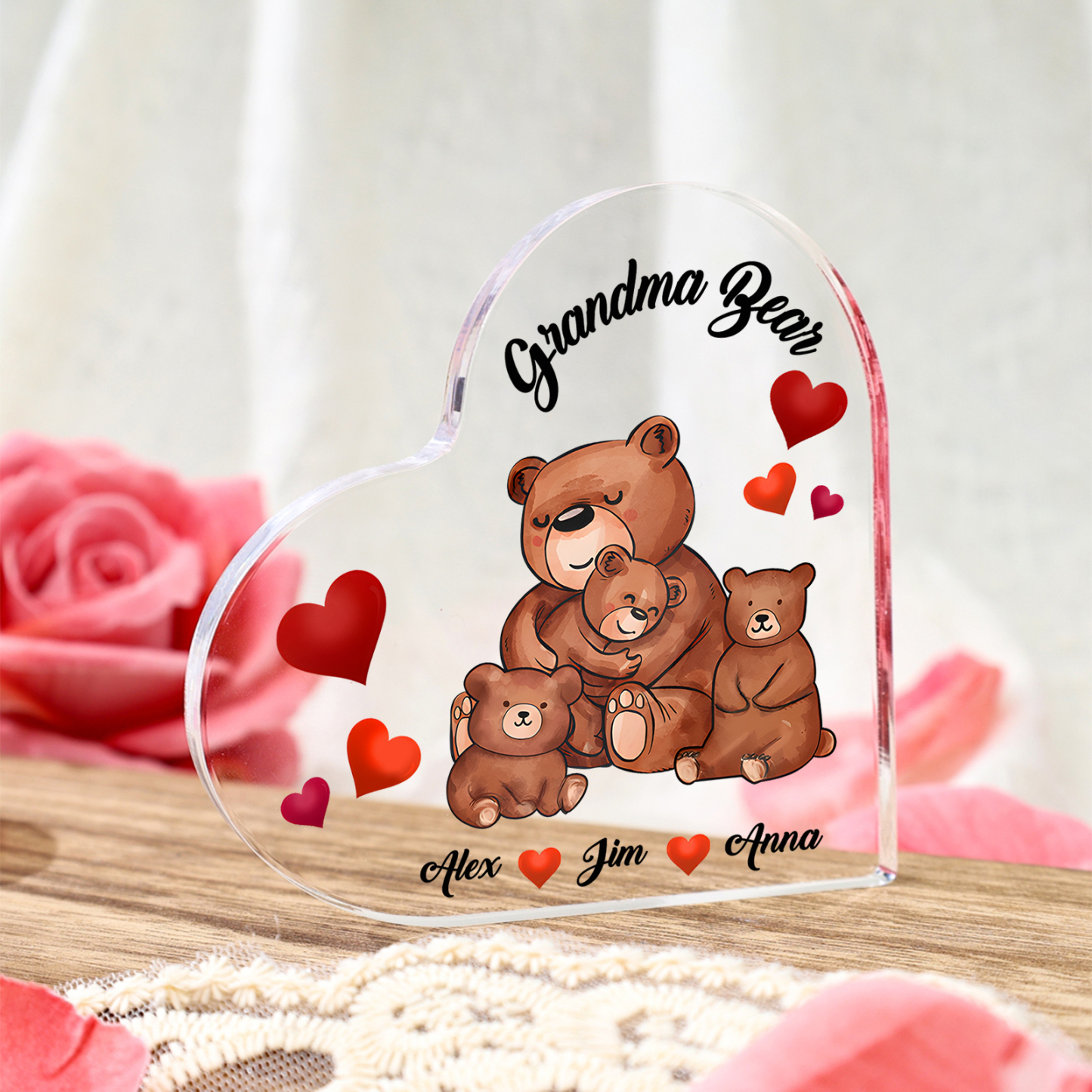 Personalized Bear Family Acrylic Heart Plaque Custom 1 Text & 1–6 Names Ornament Gifts for Grandma/Mother